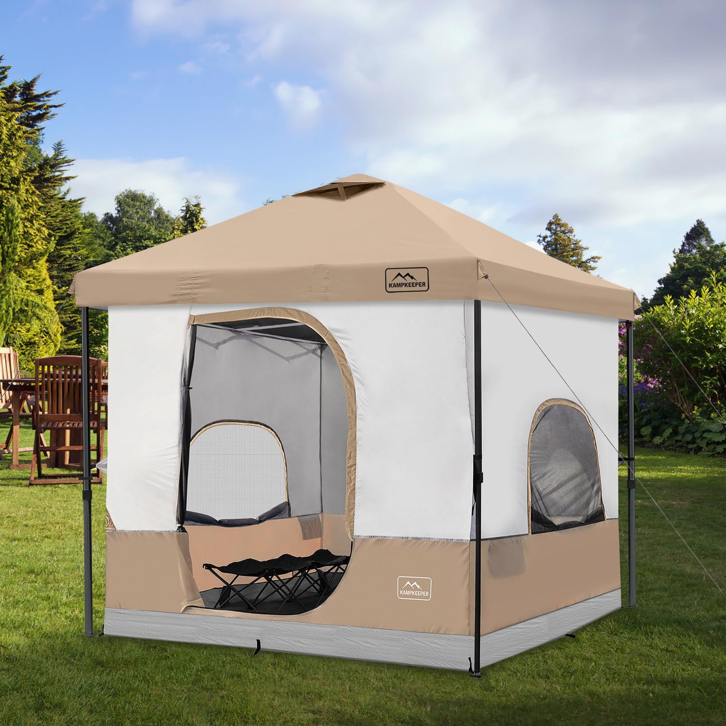 KAMPKEEPER 6-Person 10x10 Pop-Up Canopy Tent with Inner Tent, Waterproof, Portable Camping Shelter with Vented Roof, Adjustable Instant Canopy Height for Camping, Khaki