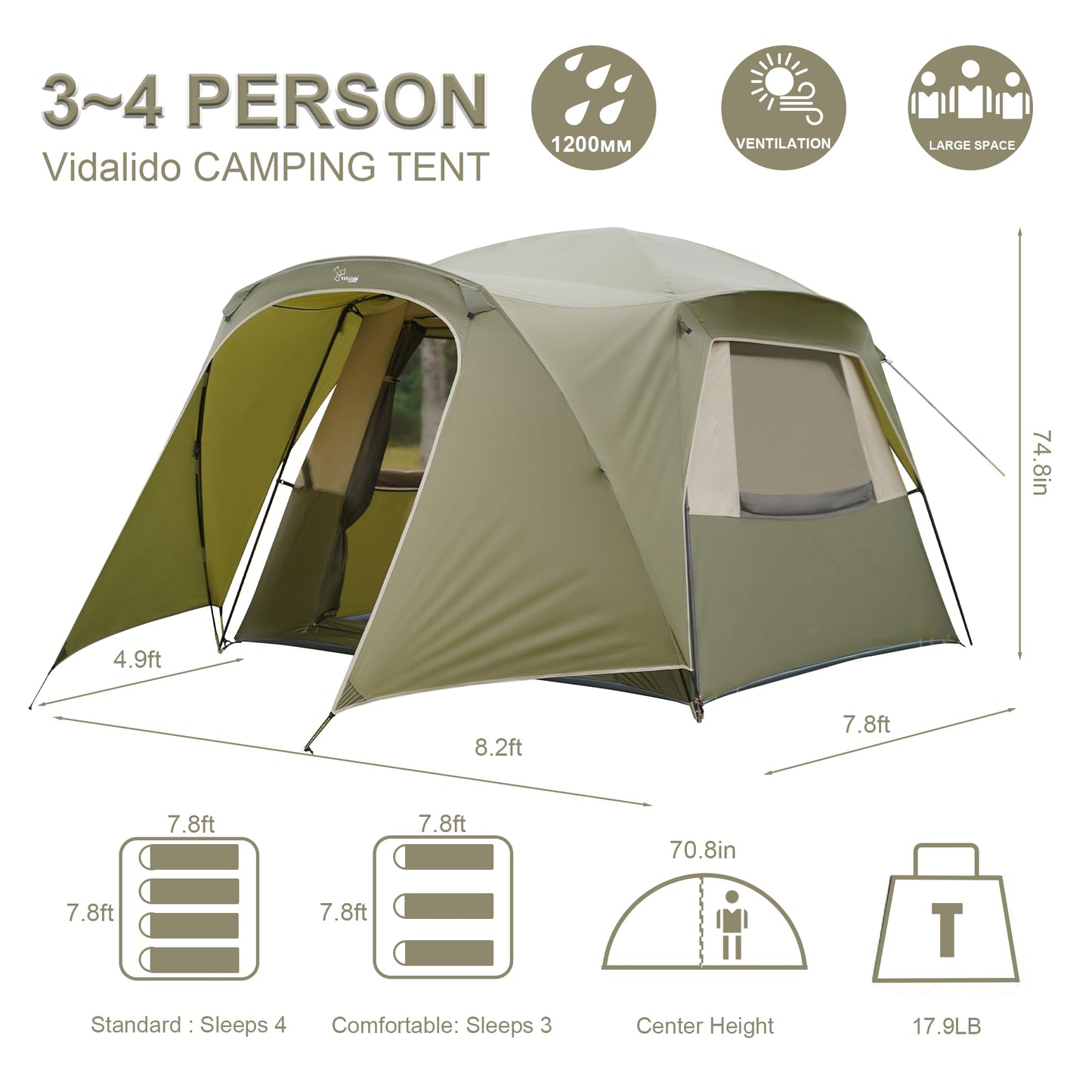 Vidalido 3-4 Person Tent with 1 Mesh Door and 2 Large Mesh Window, Double Layer Waterproof Portable Family Cabin Tent, 4 Person Tents for Outdoor Camping Hiking