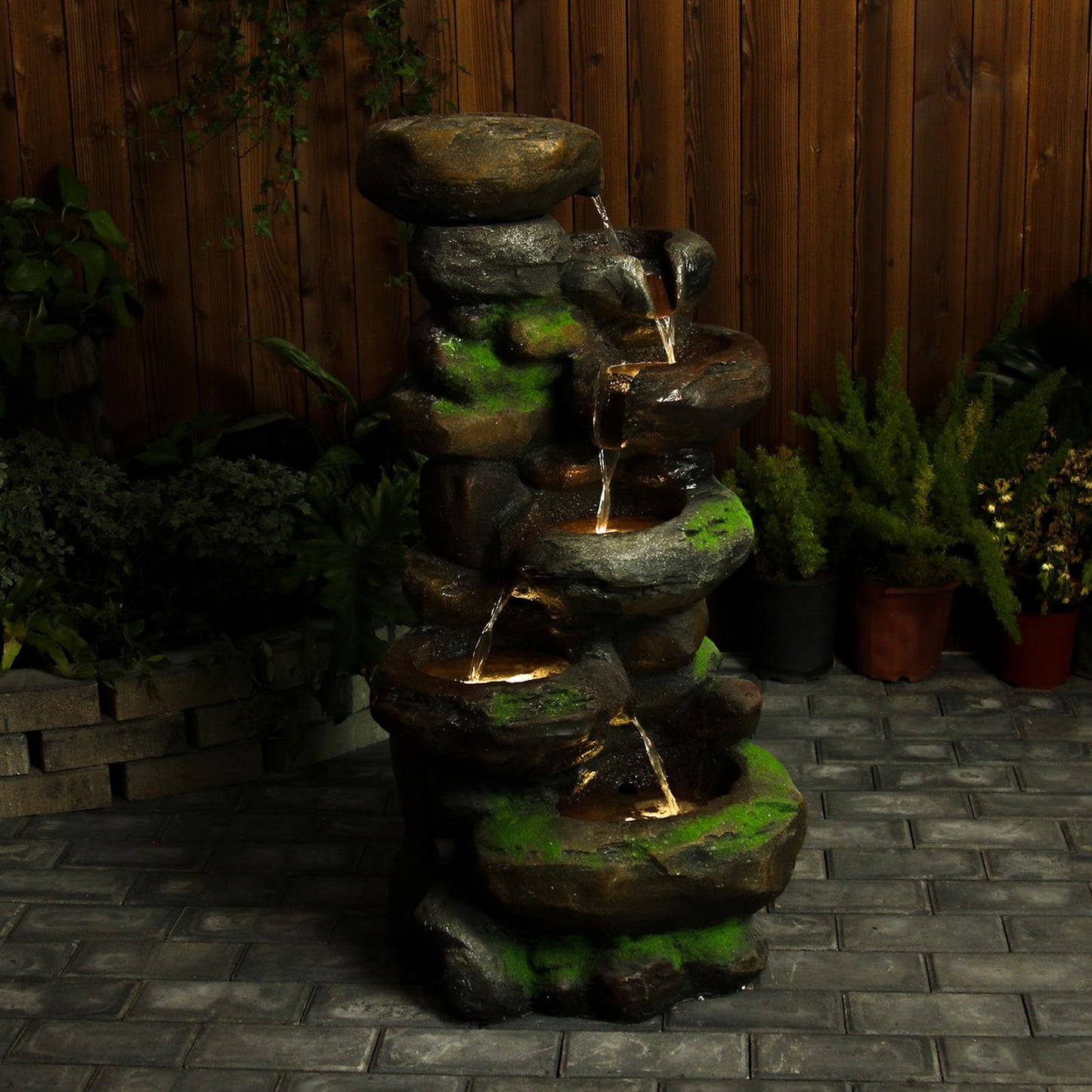 YZM 6-Tiered Outdoor Floor Rock Water Fountain Cascading Waterfall Fountains Indoor Led Lights for Home Garden Patio with Natural Stone Look 37.4" H
