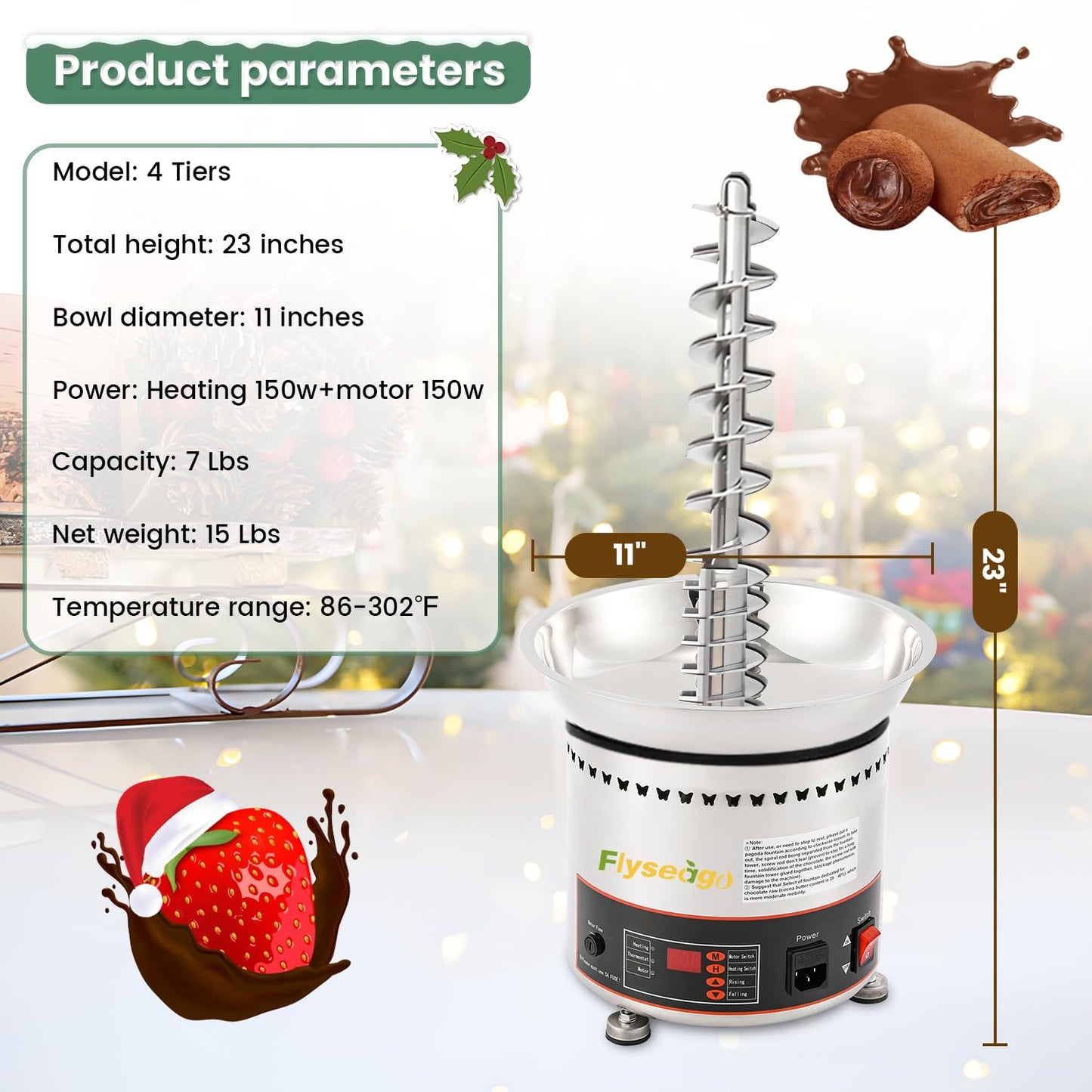 Flyseago Commercial Chocolate Fountain 4 Tiers 7Lbs Large Chocolate Waterfall Stainless Steel Chocolate Heating Melting Fondue Machine Easy to Assemble for Cheese BBQ Sauce Ranch Digital-control