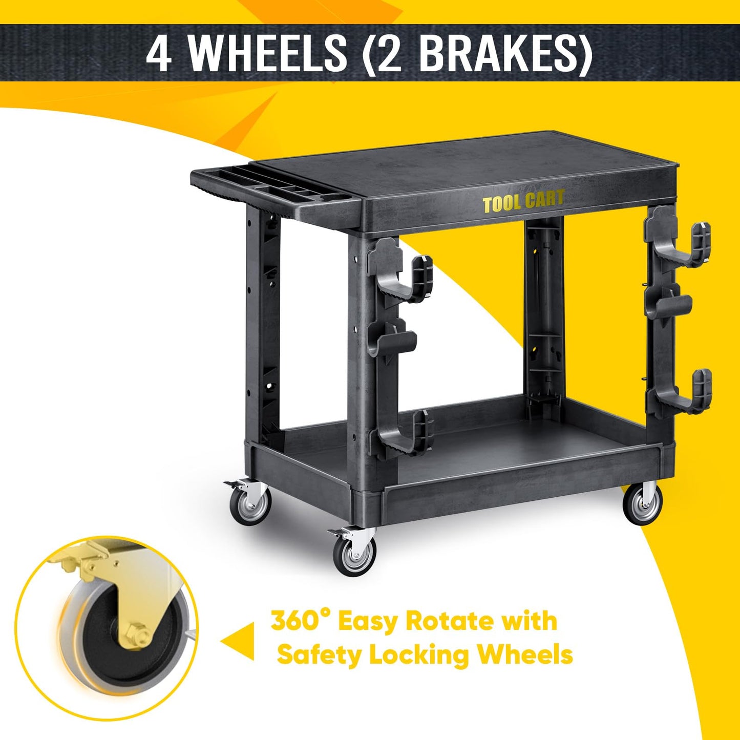 850LBS Large Heavy Duty Plastic Utility Cart, 42.5×25" Flat Top Service Cart With Full Swivel Wheels (2 With Brakes) & 2 Side Tube Holder Hook,2 Tier Work Cart For Office/Garden/Warehouse/Garage Black
