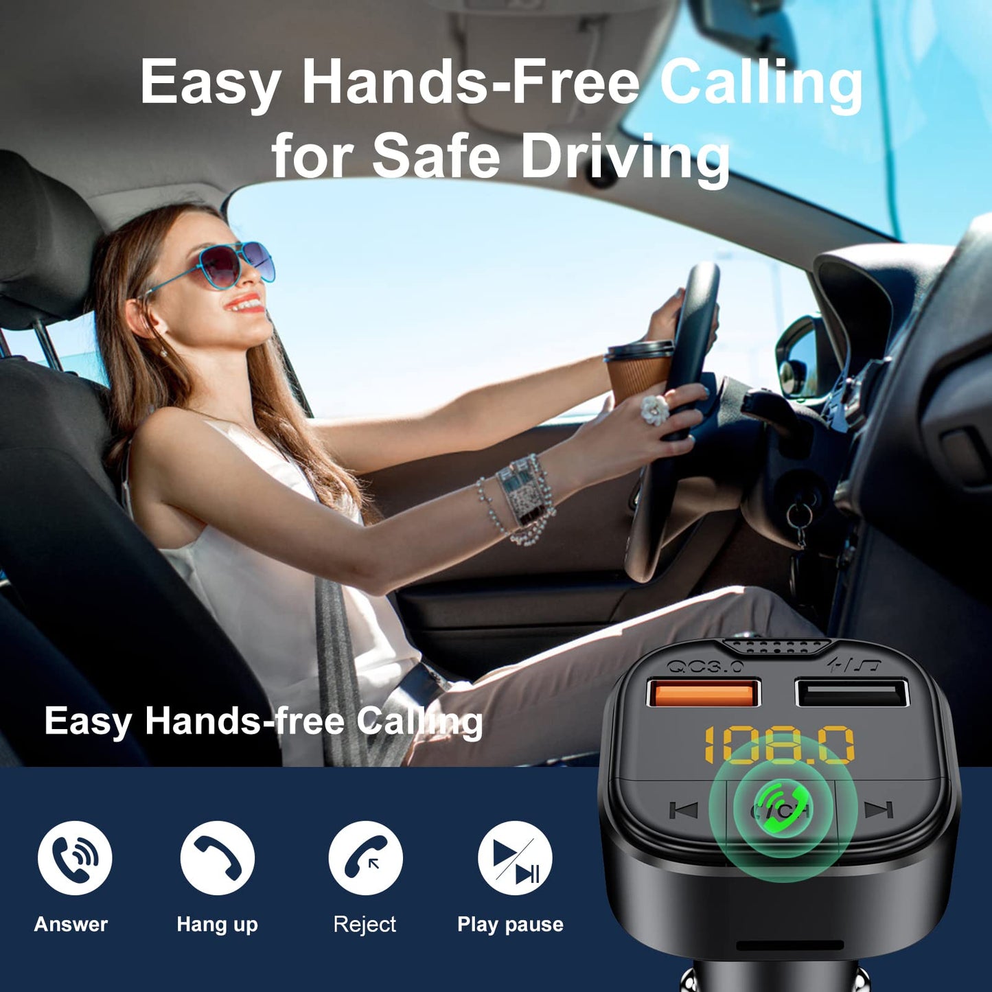 Bluetooth Adapter for Car，Bluetooth FM Transmitter for Car,MP3 Player QC3.0 Quick Charge for All Smartphones Audio Players，Supports TF/SD Card and USB
