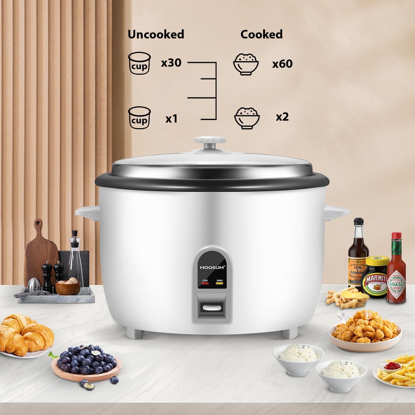 MOOSUM Commercial Rice Cooker, Large Capacity 30-Cup (UnCooked), 60-Cup (Cooked) with One Touch Operation and 12-Hour Keep Warm, Easy to Use and clean, 1600W, White