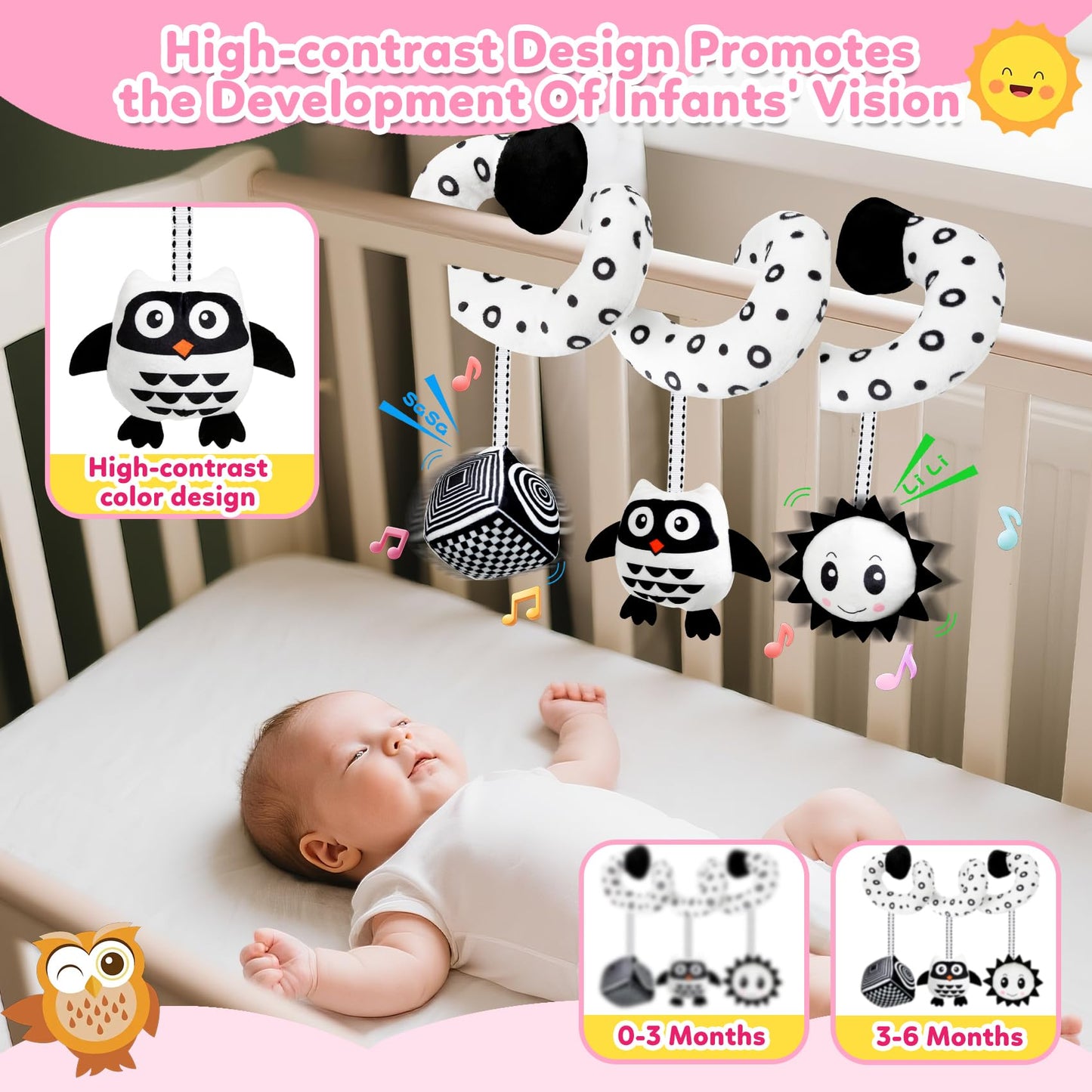 Baby Hanging Stroller and Car Seat Toys High Contrast Baby Toys for Newborn Black and White Sensory Plush Activity Toy for Babies 0-6 Months-OWL