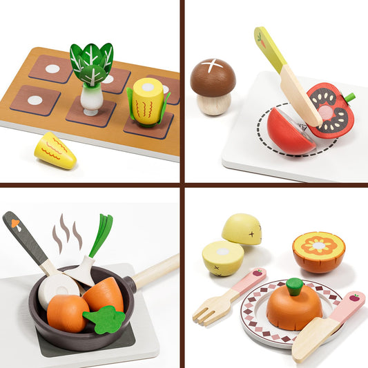 Wooden Play Food Sets for Kids Kitchen, Farm to Table Play Kitchen Accessories, Cooking Set for Kids 3-5, Pretend Cutting Food Toys Girls & Boys