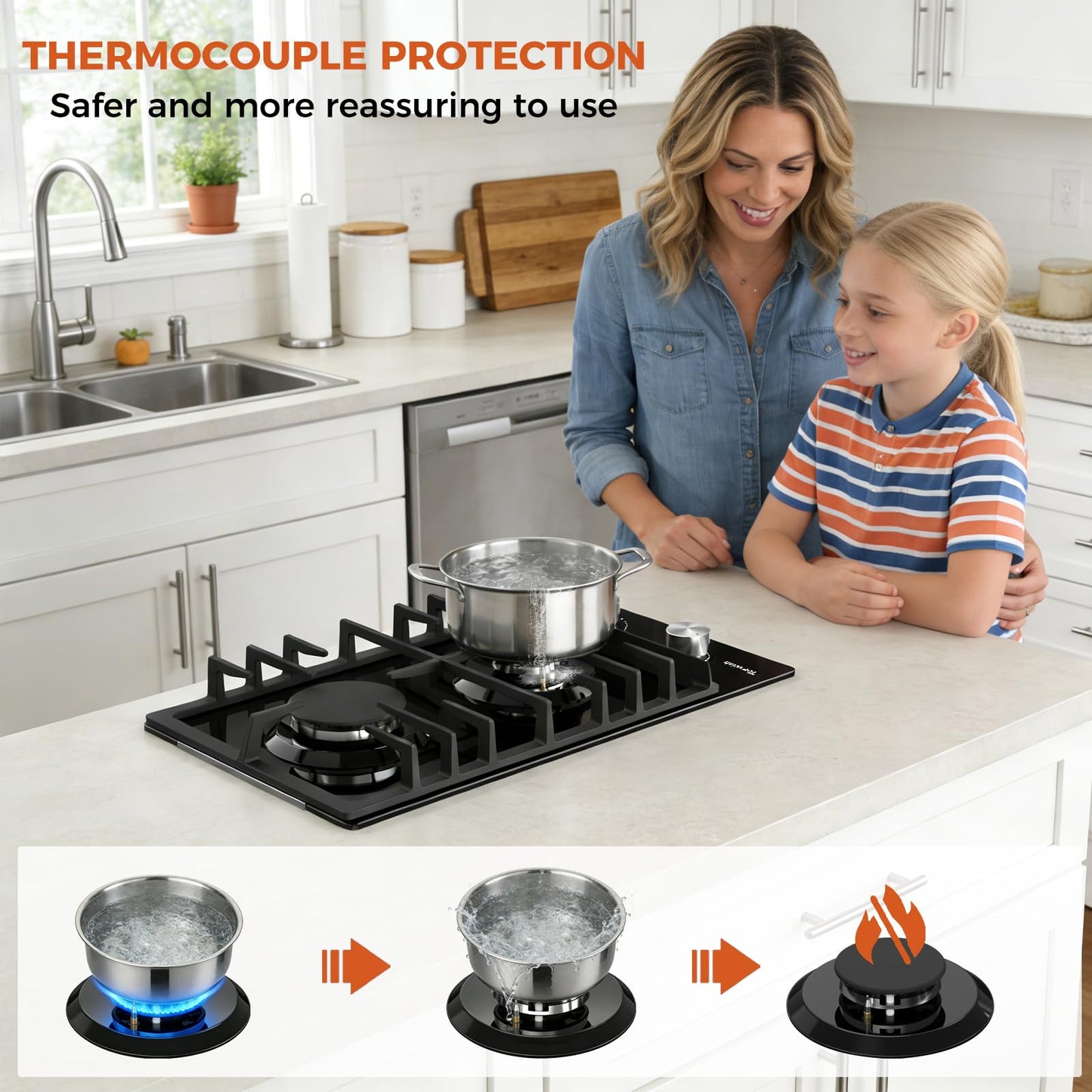 TOPWISH 12 Inch Gas Cooktop 2 Burner, Propane Stove Top 18,000 BTU Black Tempered Glass LPG/NG Convertible Dual Fuel Built-in Natural Hob with Thermocouple Protection for Rvs Kitchens Apartment Indoor