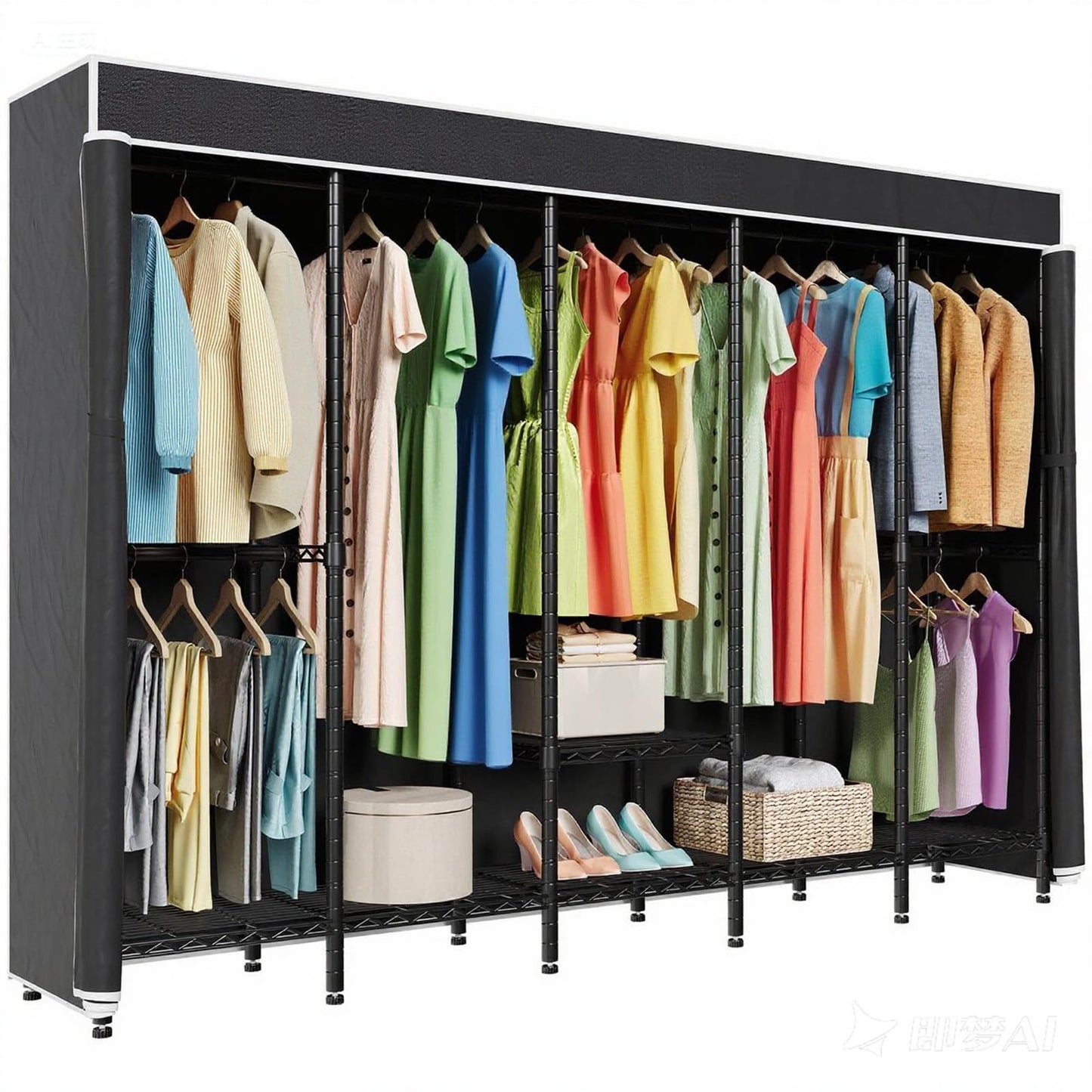 Higeego 94.5"W Heavy Duty Clothing Rack with Cover, H5C Garment Rack with Adjustable Shelves Freestanding Wardrobe Closet with Hanging Rods Portable Closet, Black Rack with Black Cover, Load 1400 lbs