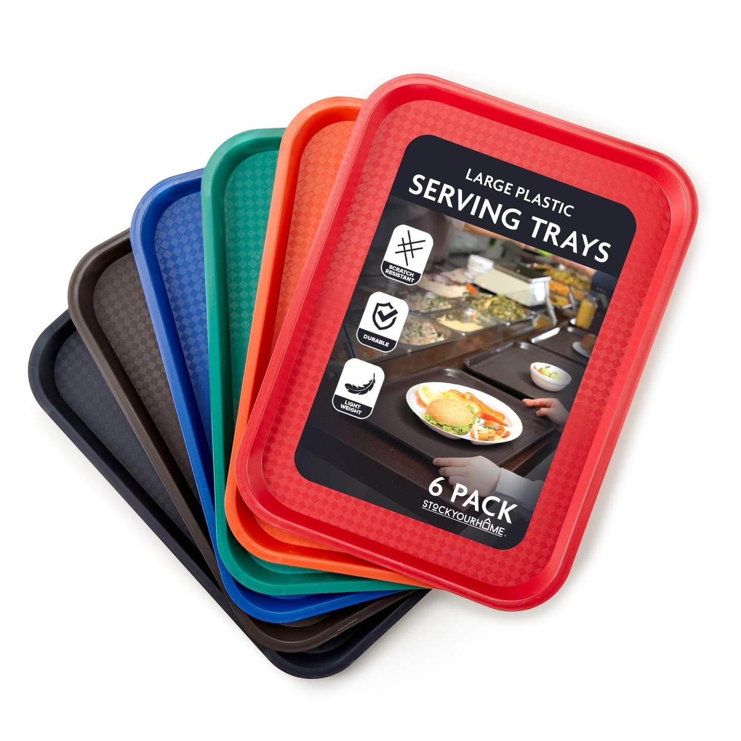 Stock Your Home Large Plastic Serving Trays for Fast Food (Set of 6) 16” x 12” Multicolor Cafeteria Tray for Lunch, Restaurant, Café, Craft Service Carts