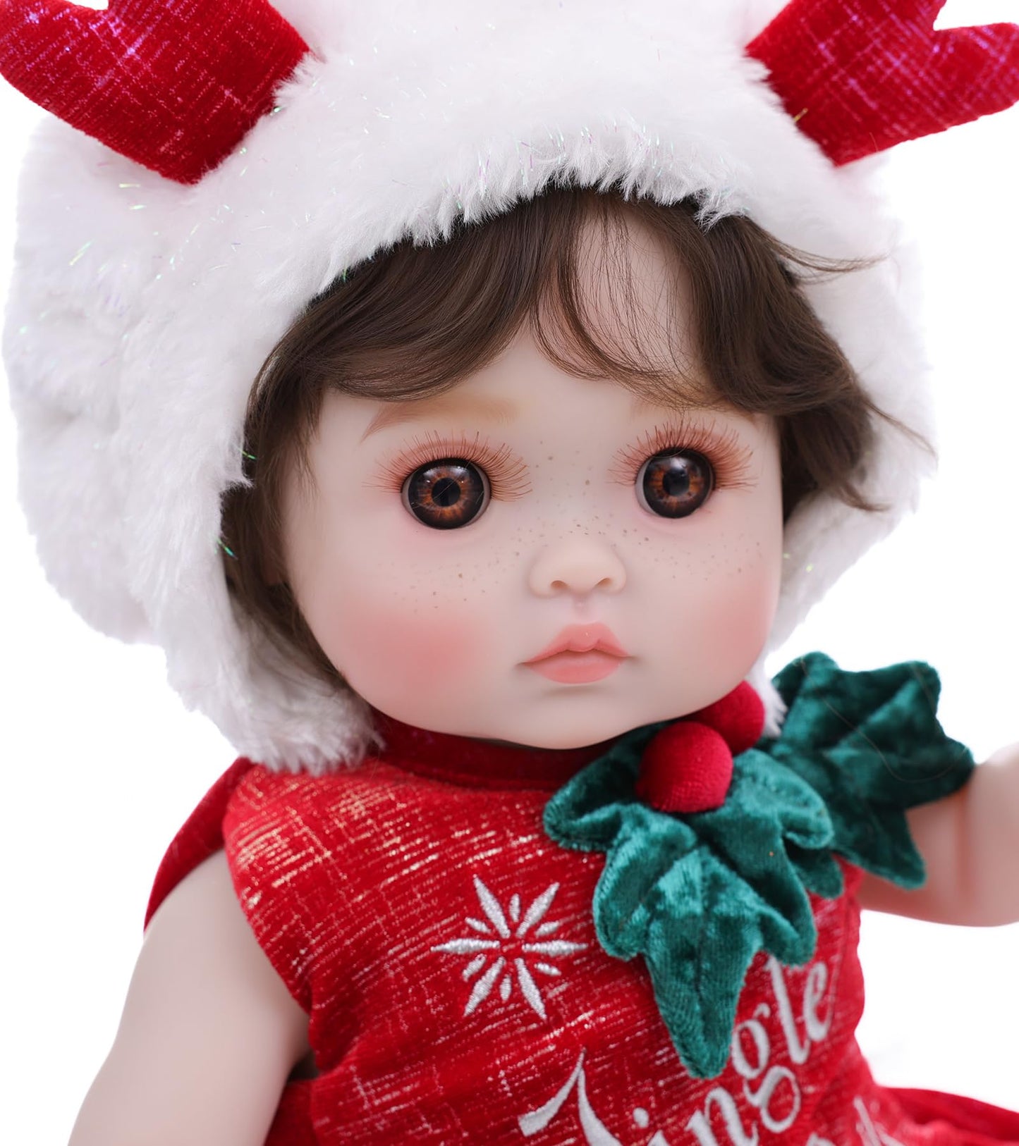 Cloveray Baby Dolls, 18 Inch Realistic Reborn Full Vinyl Baby Doll with Brown Curly Hair, Hand-Painted Freckles & Cozy Red Outfit for Girls Ages 3+, Pretend Play, Display & Collection