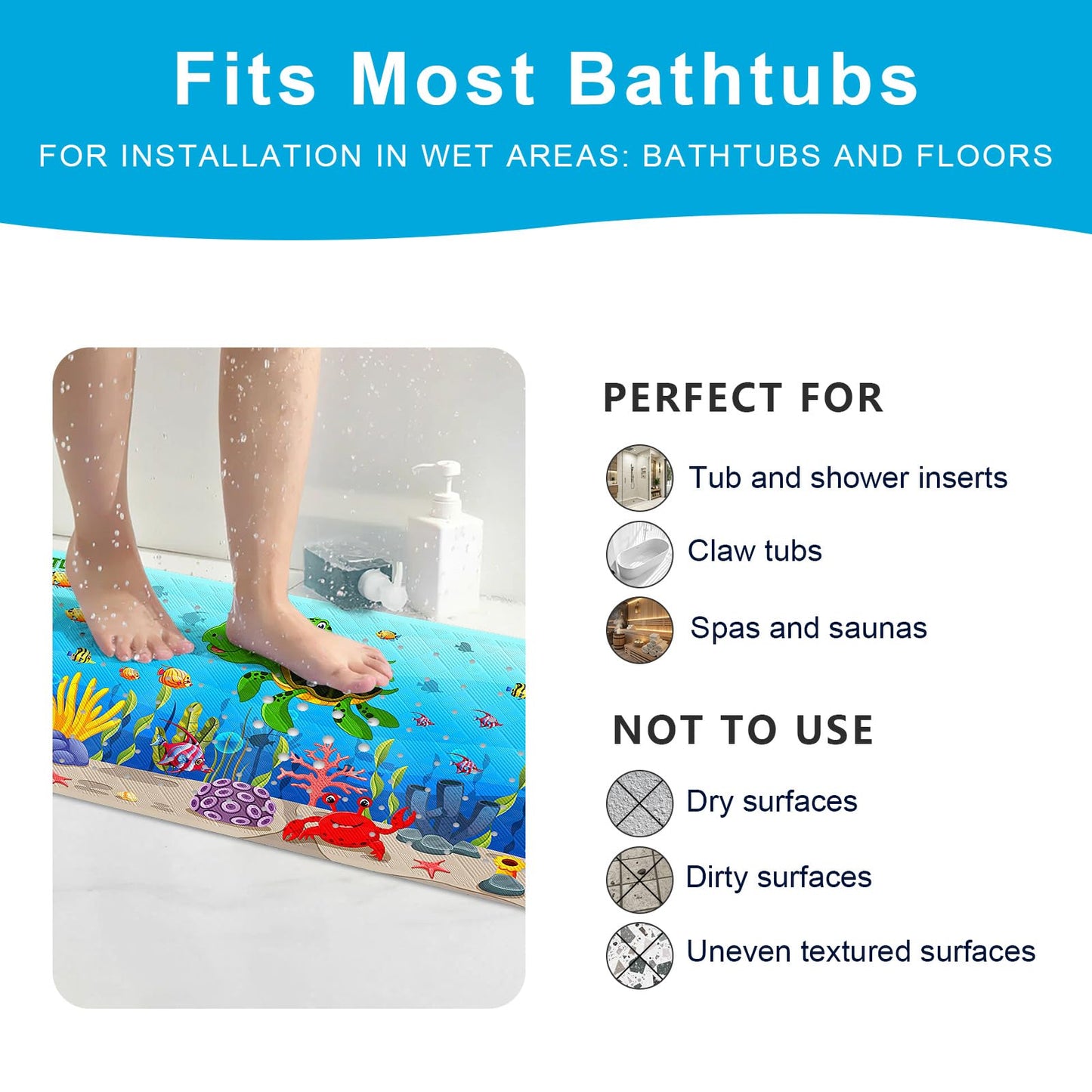 XIYUNTE Baby Bath Mat for Tub Non Slip Kids Bath Mat - 40''x16'' Extra Long Cartoon Bathtub Mat Non Slip Kids Shower Mat Eco-Friendly Toddler Bath Mats with Suction Cups, Machine Washable, Sea Turtle