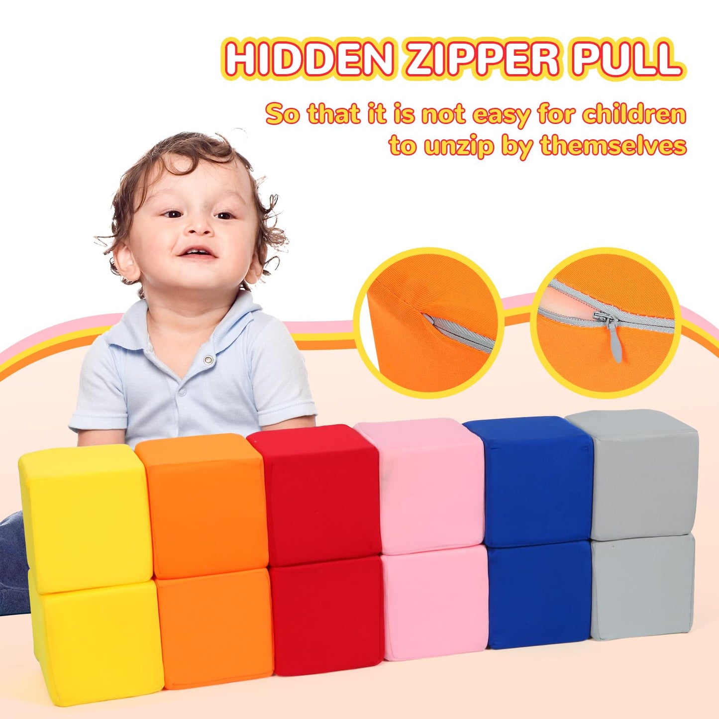 Foam Blocks for Toddlers, 12 Pieces Soft Building Blocks for Kids, Large Foam Cubes Colourful Stacking Block Sets - Throw & Play Toys with Washable Cover(Pink, Dark Blue, Yellow, Orange, Red, Gray)