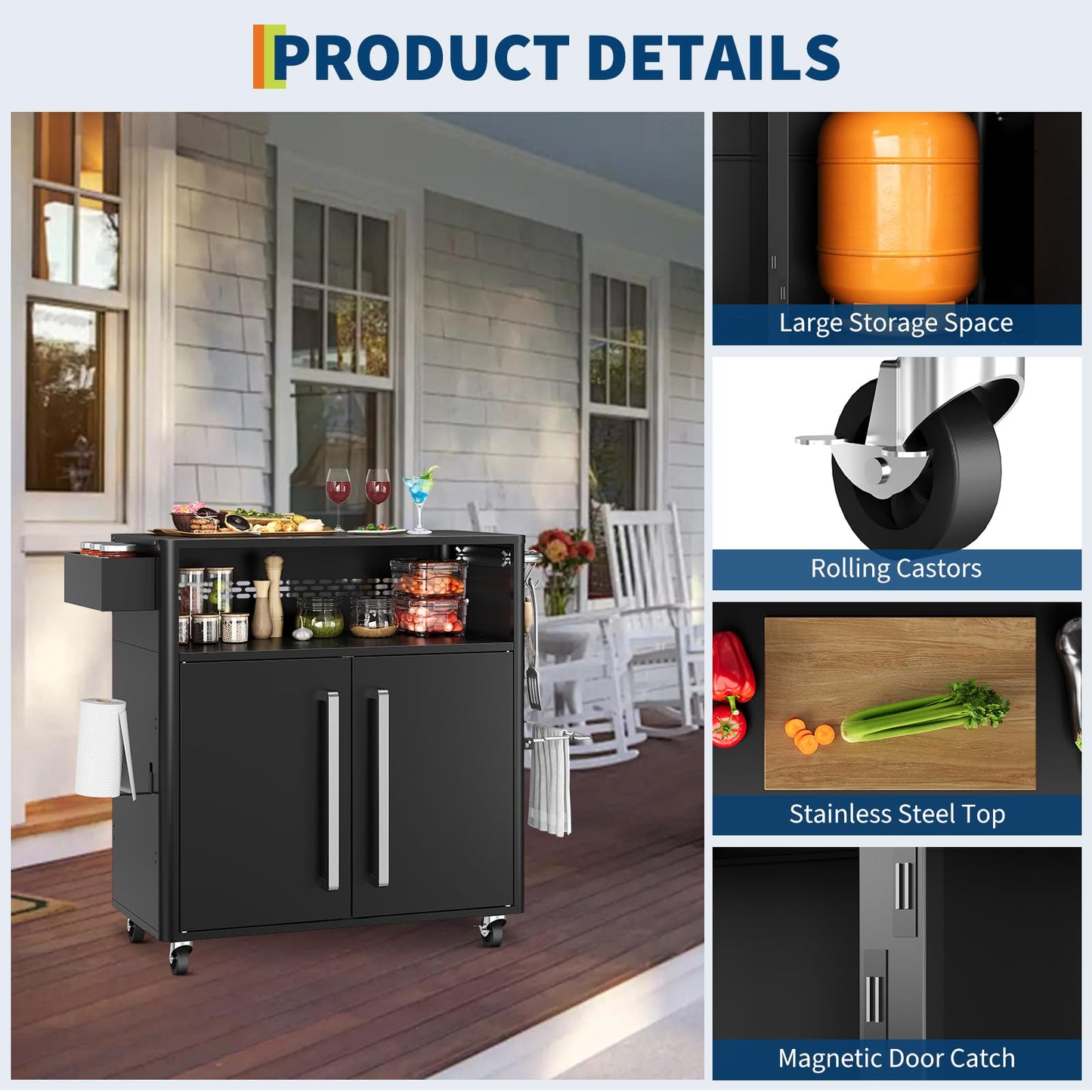 Garvee Grill Table, Outdoor Grill Cart with Storage Cabinet, Kitchen Cart Island Multifunction Food Prep Table Stainless Steel Surface, Outside BBQ Backyard Include Hooks Spice Rack