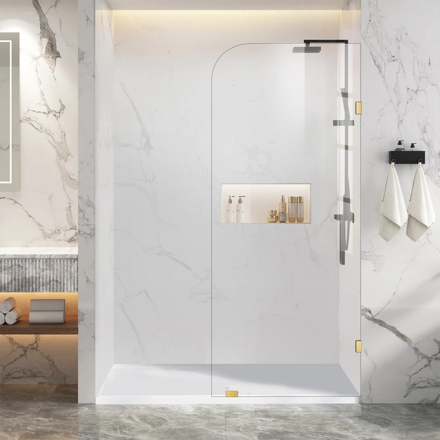 Shower Glass Panel 36" W ×78" H Fixed Frameless Shower Door in Brushed Gold 5/16"(8mm) Thick Clear Tempered Glass Panel with Clamps Bathroom Screen for Walk in Shower