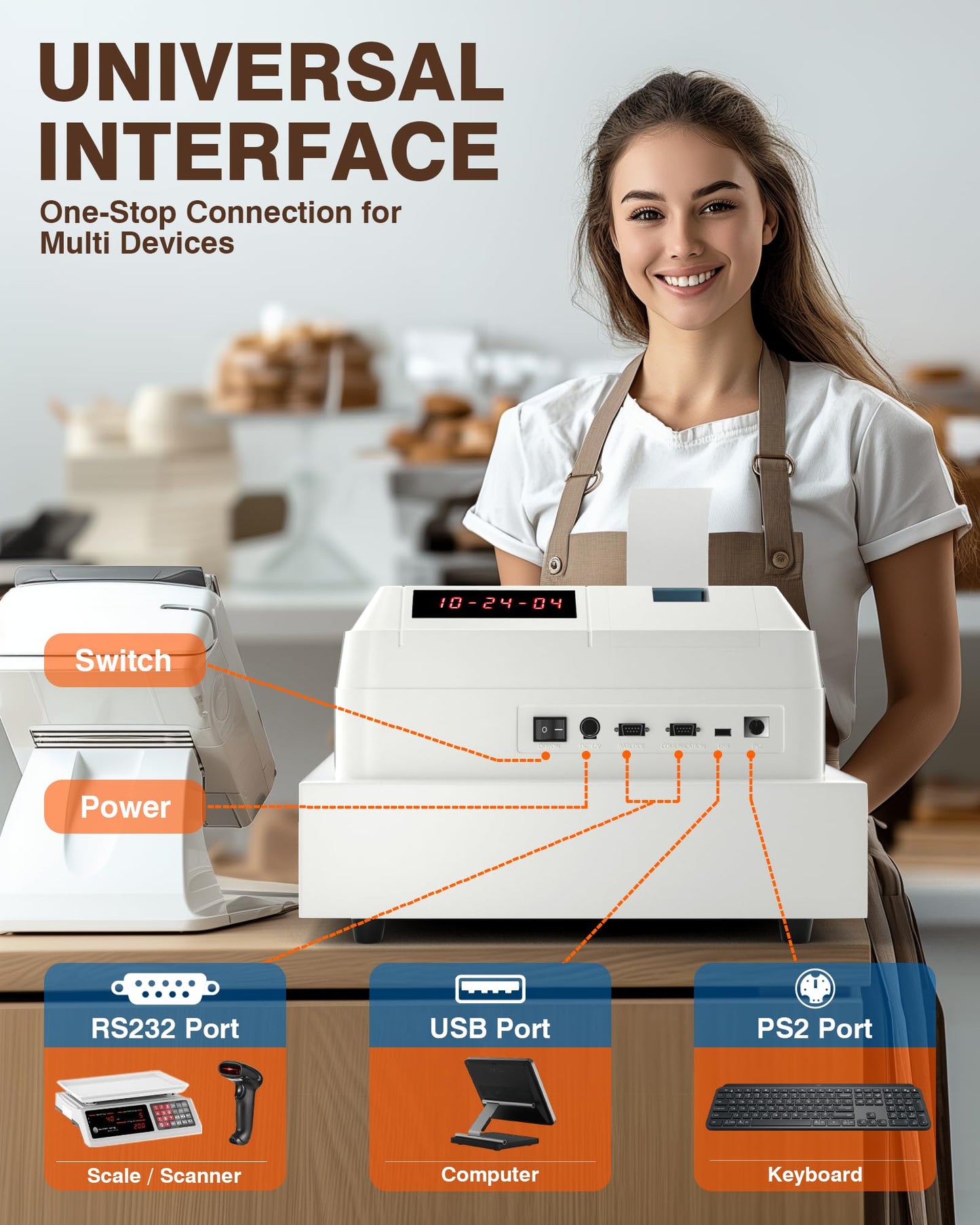 PYY Cash Register for Small Businesses - Commercial Electronic Caja Registradora para Negocio with Lock Cash Drawer Box, 8 Digital Dual Display, 48 Keys, System for Restaurant Supermarket White