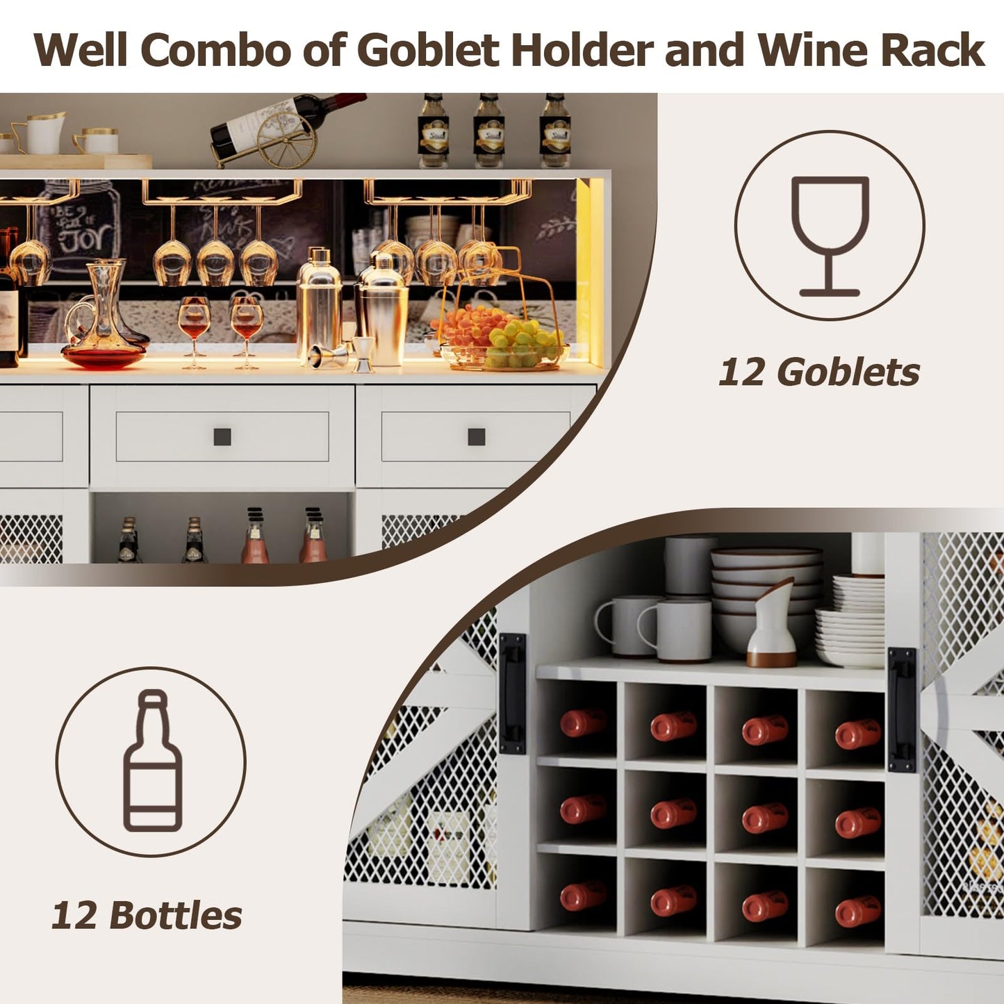 Gyfimoie Farmhouse Wine Bar Cabinet with LED Lights, Kitchen Coffee Bar Cabinet with Acrylic Mirror, Wine & Glass Rack, Storage Shelves and 3 Drawers (Signle Hutch)