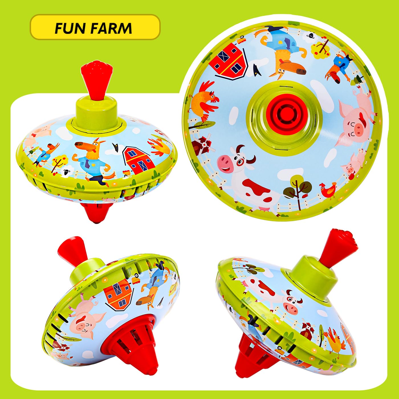 Beeqoo Fun Farm Spinning Top Tin Toy for Kids – Retro Classic Toys - Toddler Traditional Spin Tops - Metal Fidget Spinner for Kindergarten – Sensory Gyroscope - Novelty Present Party Favors
