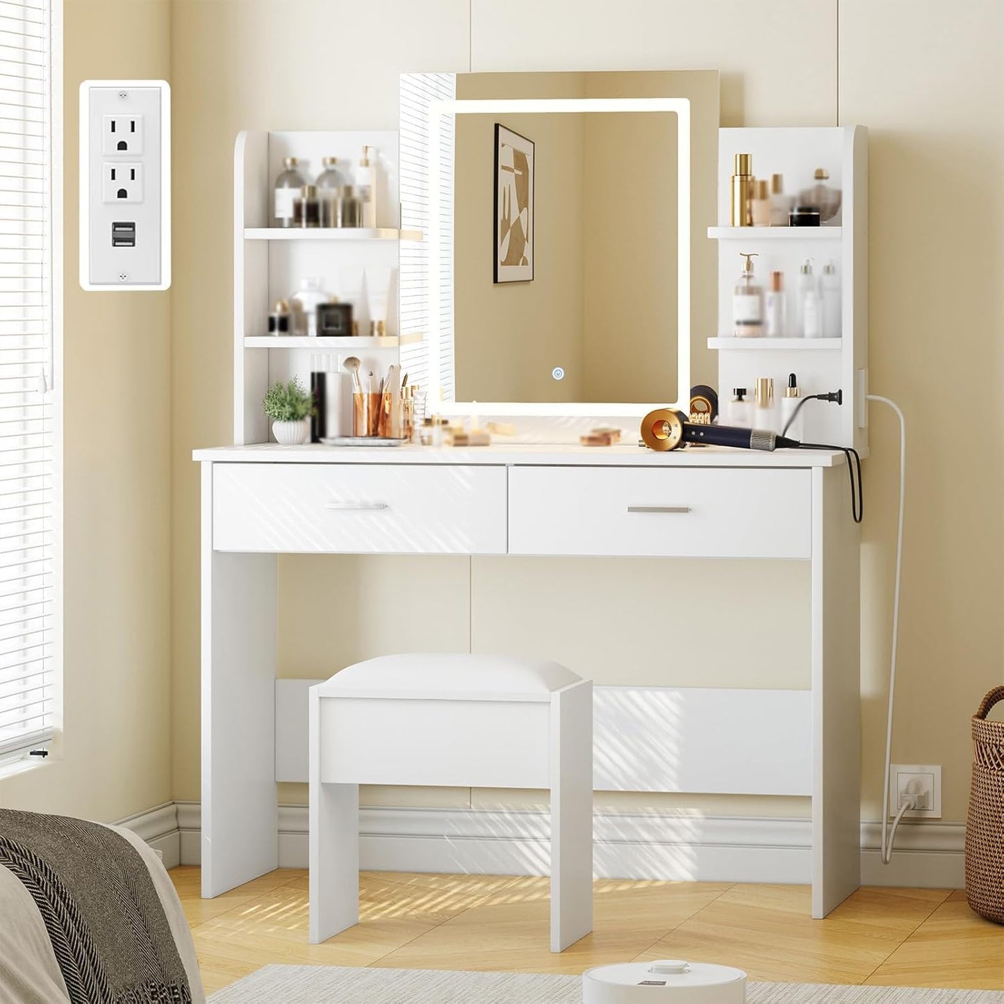 GarveeHome Vanity Desk with Lights, Tri-Mode LED Lighted Mirror and Charging Station, Makeup Vanity Set with 6 Shelves, 2 Drawers, and Soft Cushion Stool for Bedroom