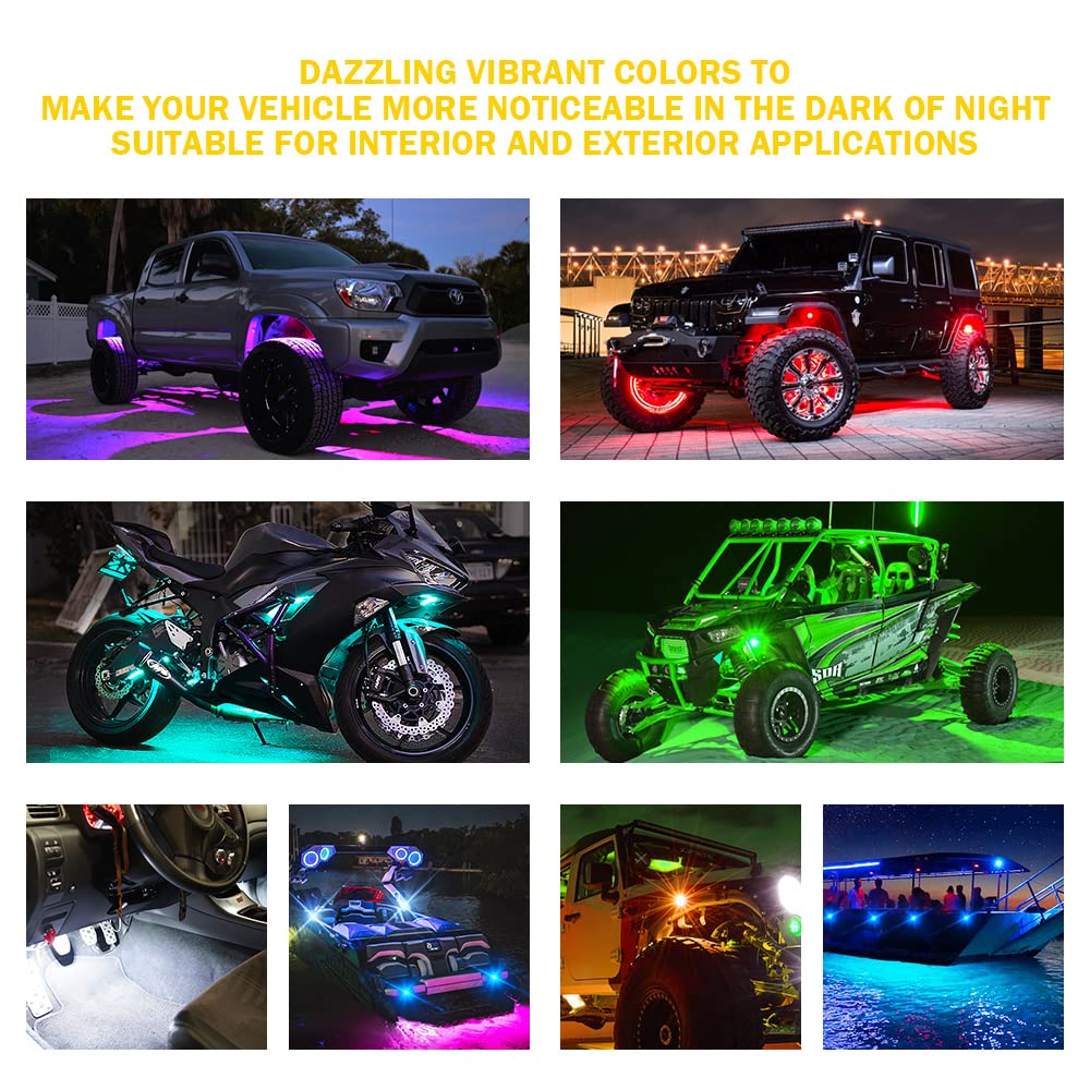 Xprite RGBW LED Rock Lights Kit with Bluetooth & Wireless Remote Controller, Multicolor Cars Underglow, Wheel, Footwell Neon Light Kits, for Off-Road UTV ATV Trucks SUV Motorcycle Boats - 10 Pods
