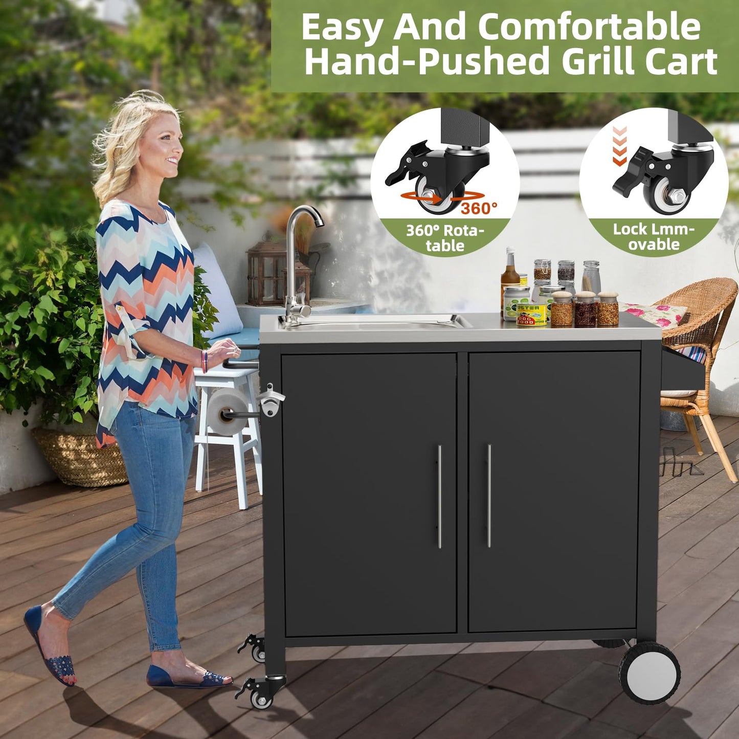 ahomrt Outdoor Grill Table with Sink, Grill Cart with 304 Stainless Steel Sink and Cabinet, Outdoor Grill Cart,Outdoor Cart Sink Station with Wheels, 38in x 18in x 35in