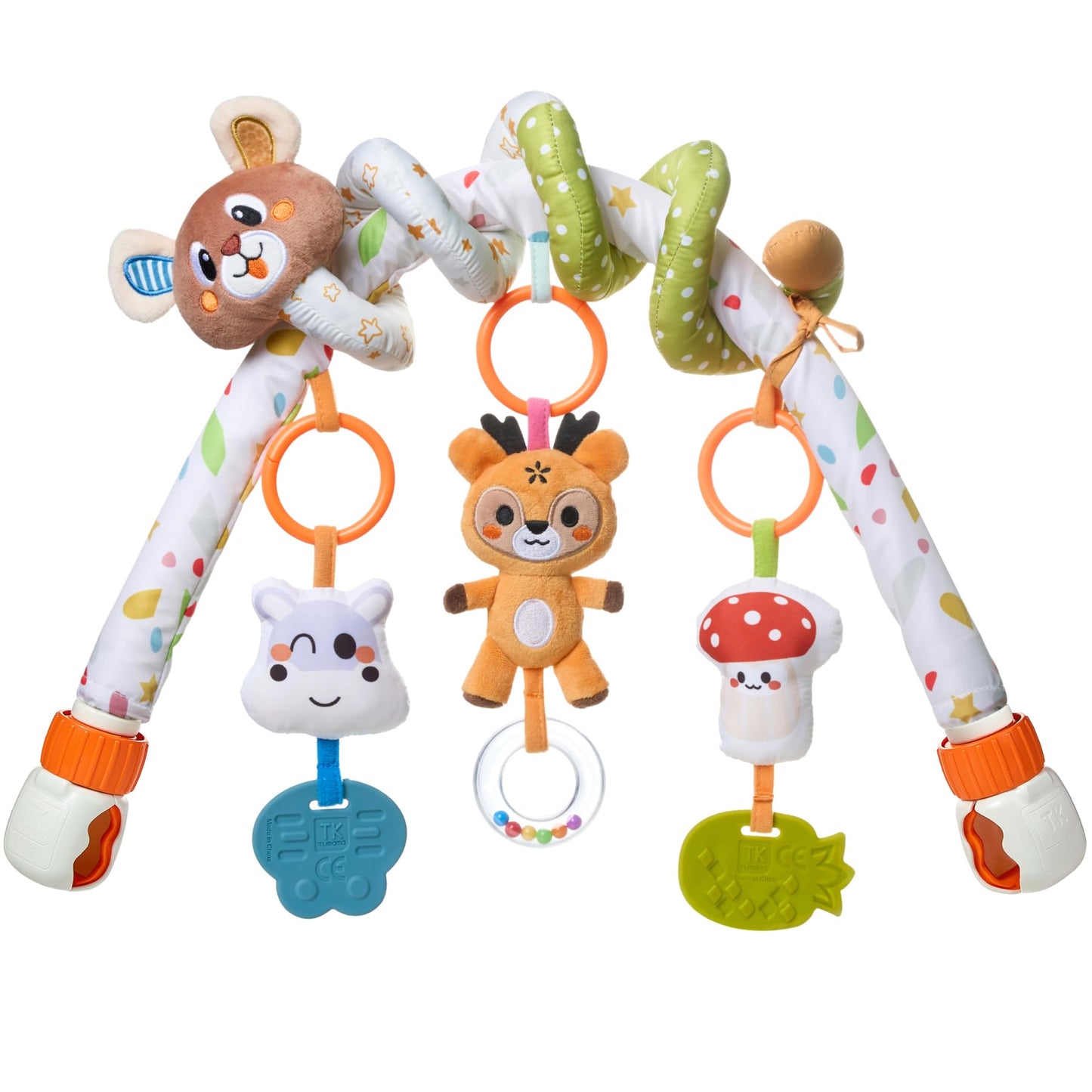 TUMAMA Baby Activity Arch with Bear Spiral Toy, Clips Adjustable and Detachable Sensory Stimulating Hanging Toys Baby Toys 0-3 3-6 Months, Newborn Strollers Bassinets Crib Carseat Toy
