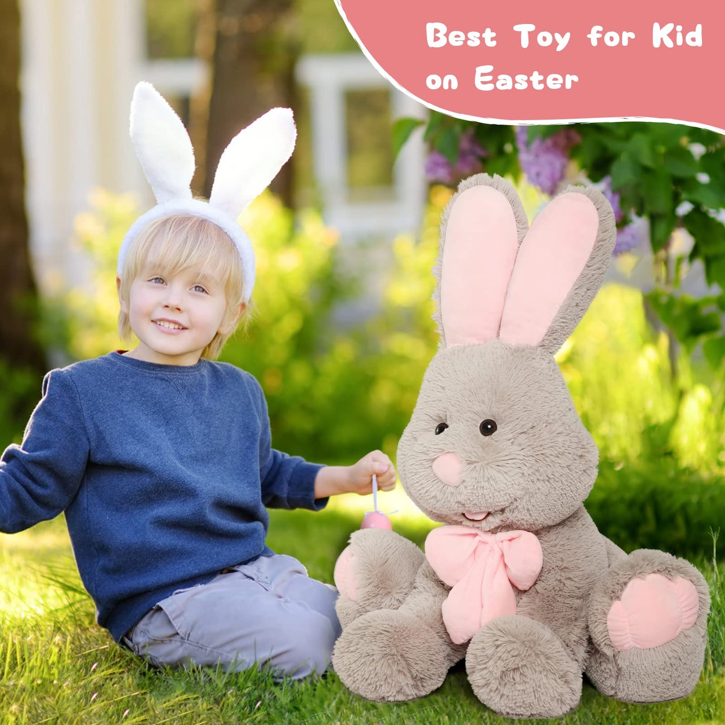 MorisMos Giant Bunny Stuffed Animal, 31.5'' Large Grey Rabbit Plush Toy with Pink Ears, Soft Toy for Girls/Boys, Ideal Gift for Easter, Halloween, Christmas, Cuddling, Snuggling