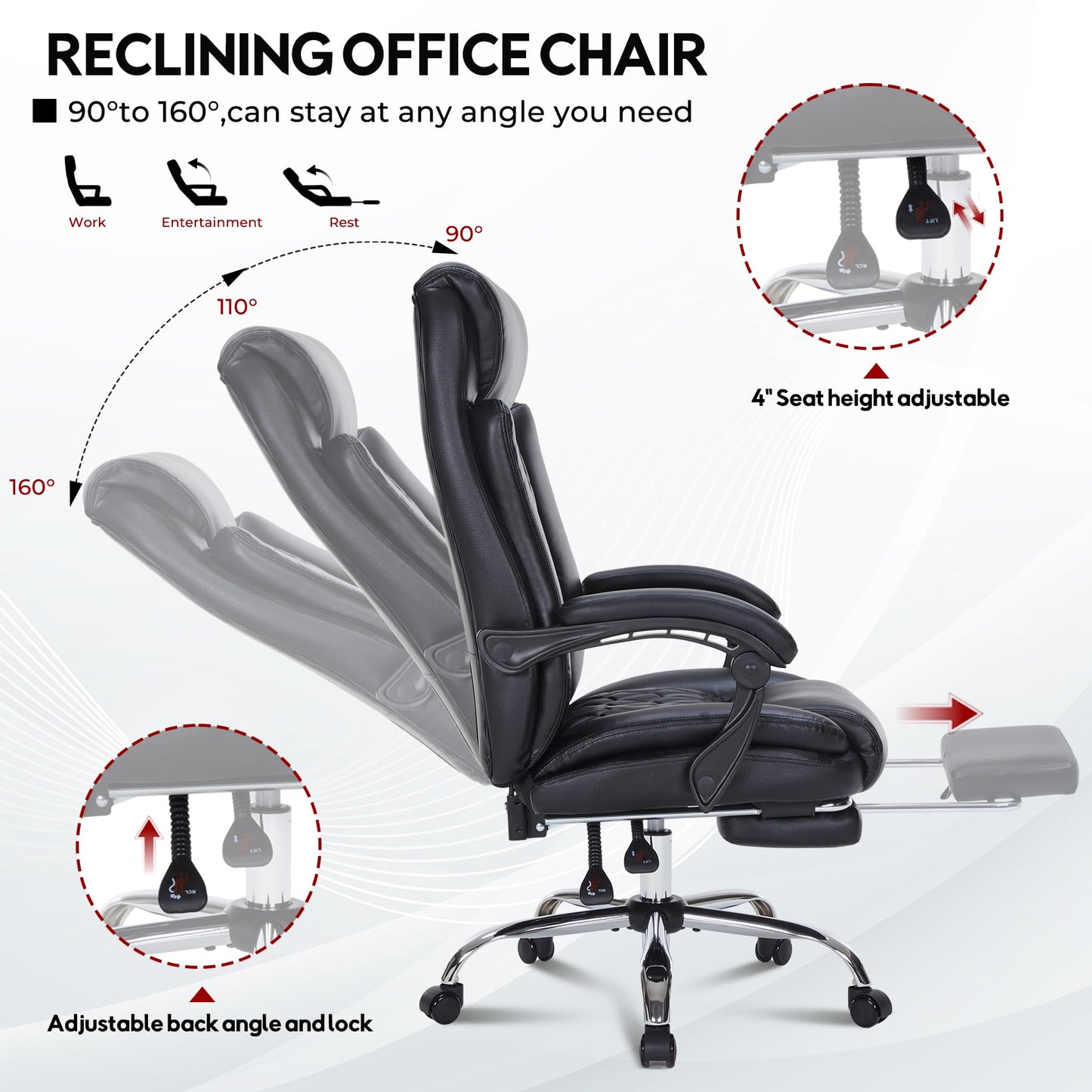 400lbs Reclining Executive Office Chair with Foot Rest, Big and Tall Ergonomic Office Chair, Home Office Desk Chairs for Heavy People (Black)