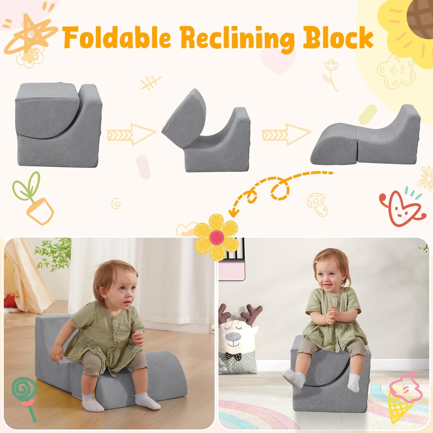 MOOZHEALTH Baby Climbing Blocks with Ball Pit, 6-Piece Foam Climb & Crawl Play Set for Toddlers 1–3, Modular Soft Play Equipment with Washable Cover, Indoor Activity Toys, Gray (Balls Not Included)