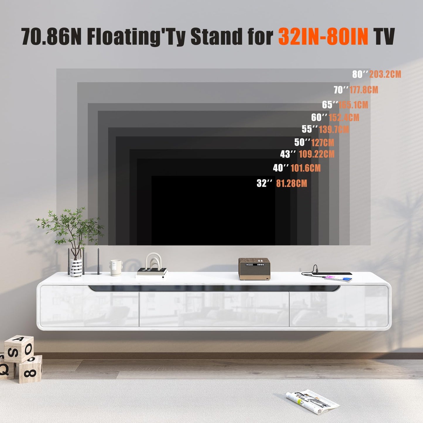 Fully Assembled 71inch High Gloss Floating TV Stand No Assembly with Fast Charging USB Wall Mounted TV Cabinet Piano Lacquer TV Cabinet with 3 Doors Easy To Clean For Living Room Bedroom (White)