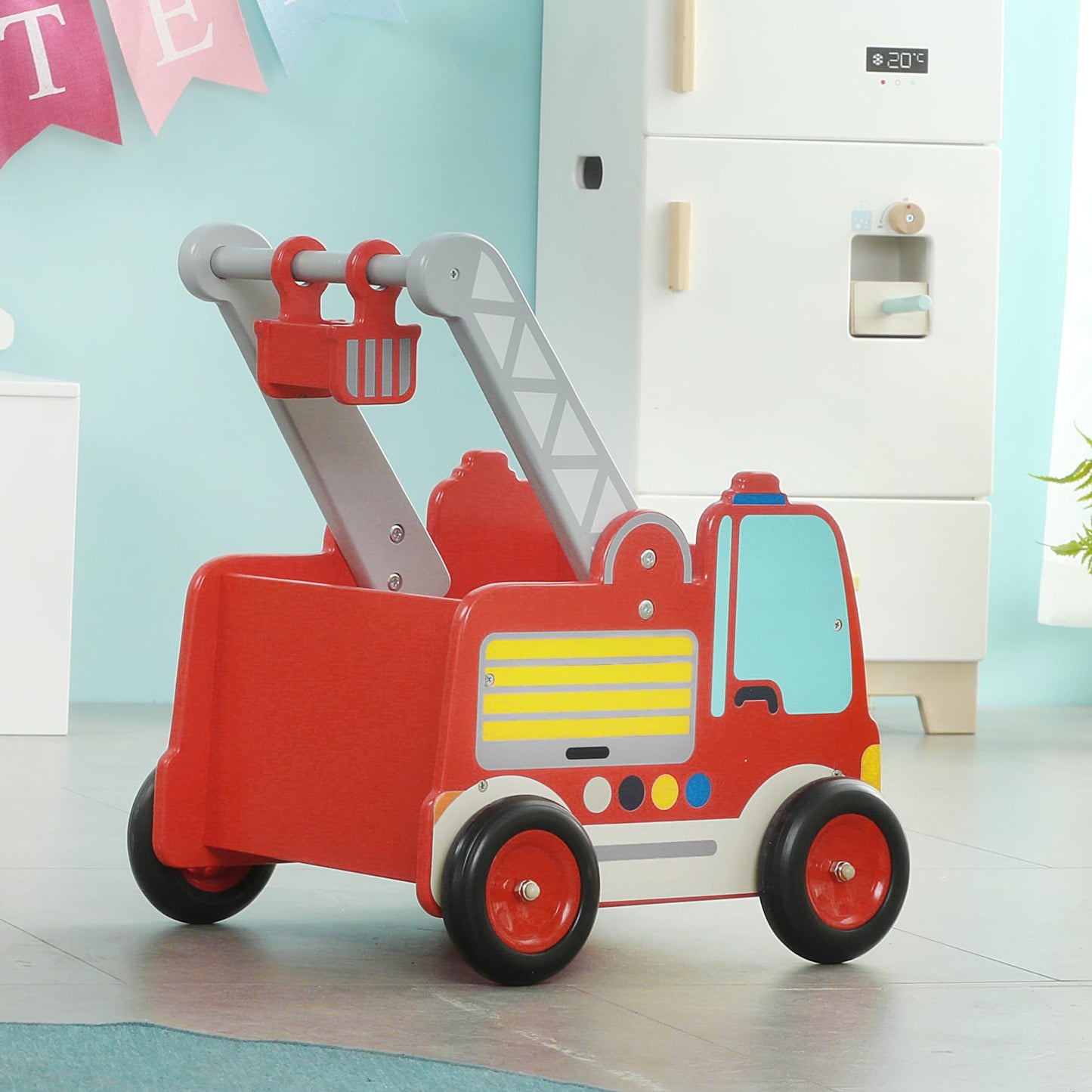Labebe Wooden Baby Push Walker - Learning Toy for Toddlers 1-3 Year Old Boys and Girls, Fire Truck With Wheels