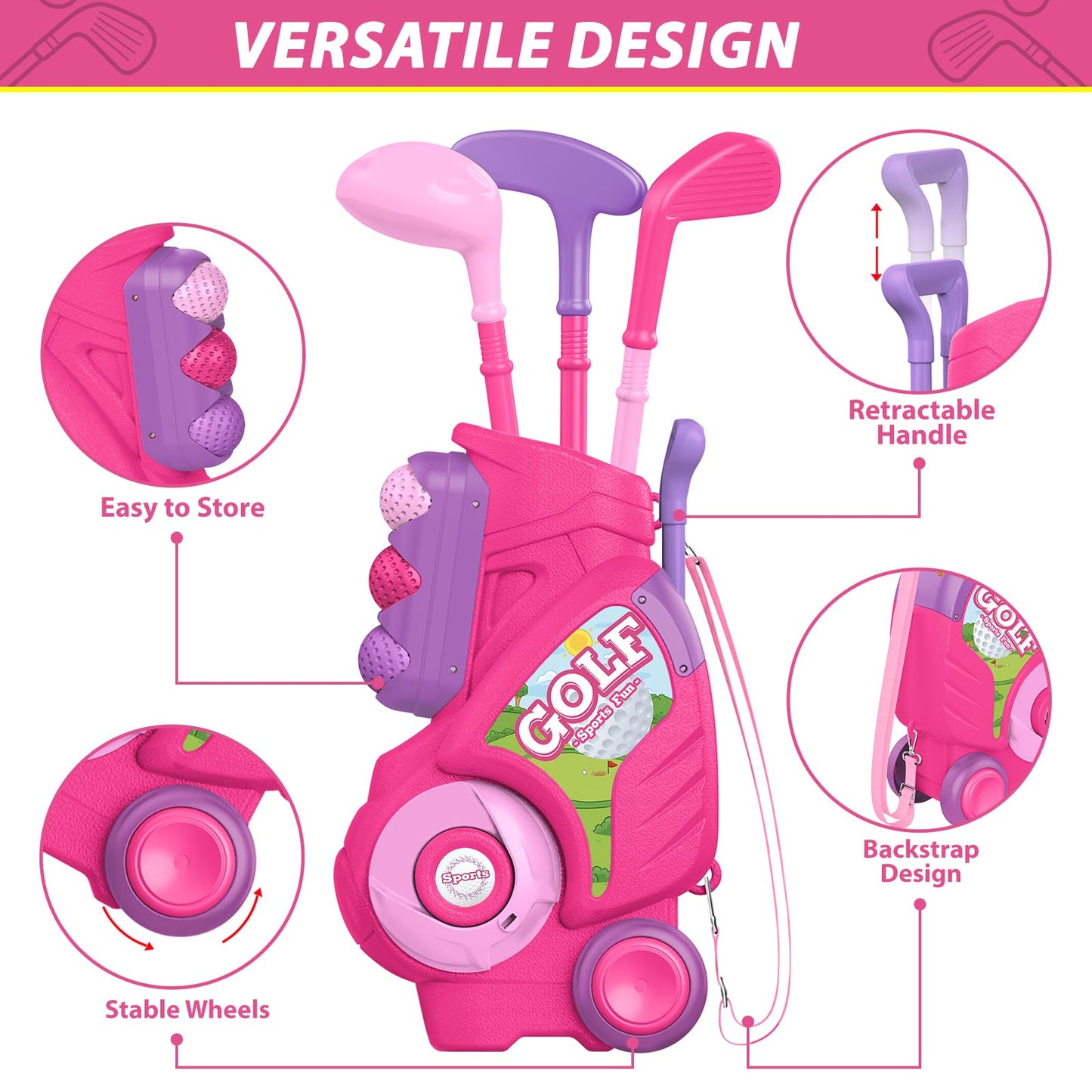 Liberry Toddler Golf Set for 2 3 4 Years Old Girls Boys, Upgraded Kids Golf Clubs Set with Golf Cart, Putting Mat, Outdoor Indoor Sports Toy Birthday Gift, Pink