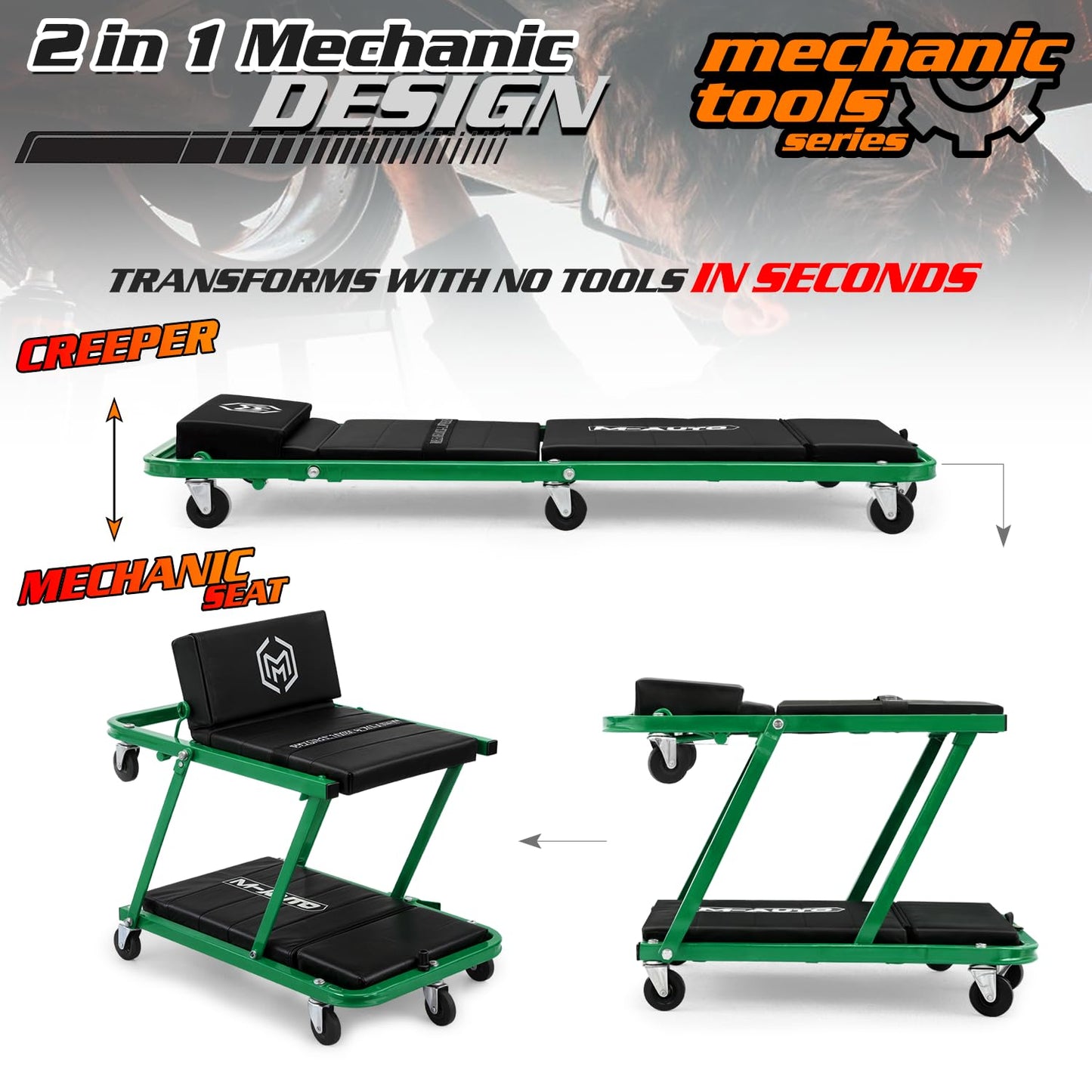 M-AUTO Heavy-Duty Convertible Mechanic Creeper, 48" Padded Adjustable Headrest Roller Garage Chair with 7 Swivel Casters for Washing, Detailing, Maintenance, Green