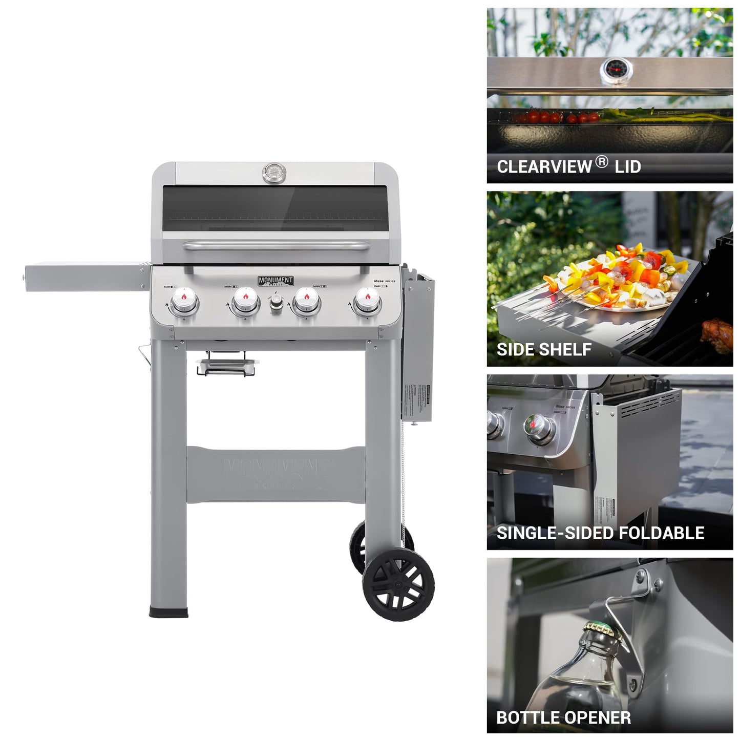 Monument Grills 4-Burner Liquid Propane Gas Grill, Silver Stainless Steel Grill Outdoor Patio Garden Barbecue Grill with Clearview® Lid and One Foldable Shelf, Mesa400MF