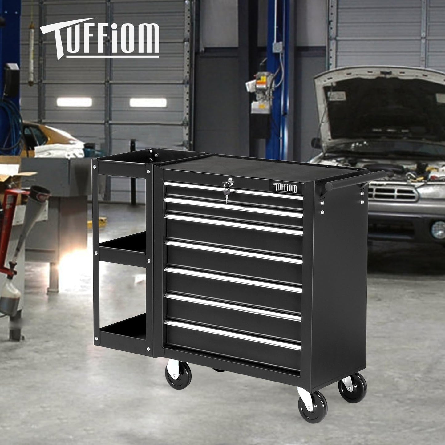 TUFFIOM 7-Drawer Rolling Tool Chest with Side Shelves, Tool Storage Side Cabinet w/Lockable Wheels, Top Cushion & Drawer Liners, Tool Organizer Box for Garage, Warehouse & Repair Shop