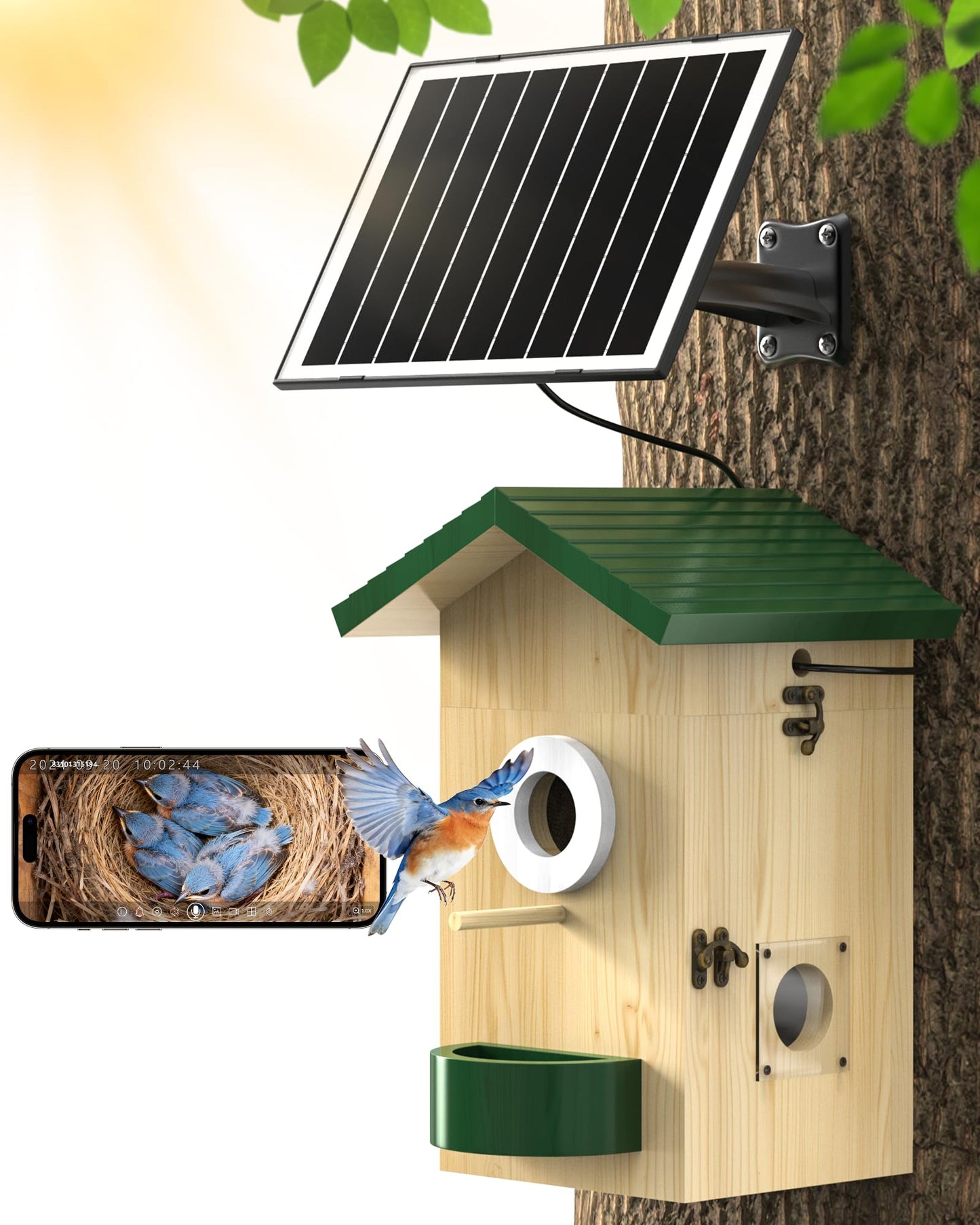 Smart Bird House with Camera Solar Powered, 2K HD Wi-Fi Bird Watching Camera for Birdhouse, Auto Detect & Notify, Night Vision, APP Control, Wooden Birdhouse with Camera Inside（Feeder）