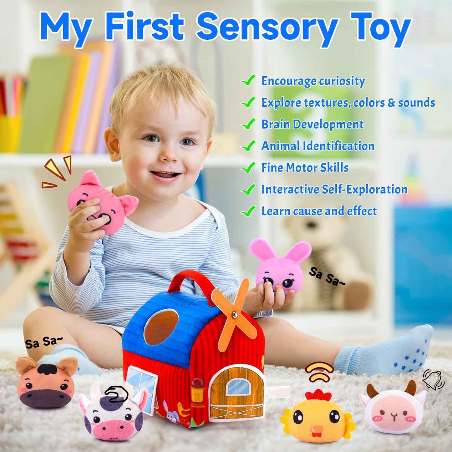 Baby Toys 6-12 Months - Soft Barn with Stuffed Farm Animals, Rattles, Textures, Mirror, Play mat - Toddler Toys Sensory Toy Montessori Toy for Babies 6-12 Months, 1 Year Old Boys Girls Baby Gifts