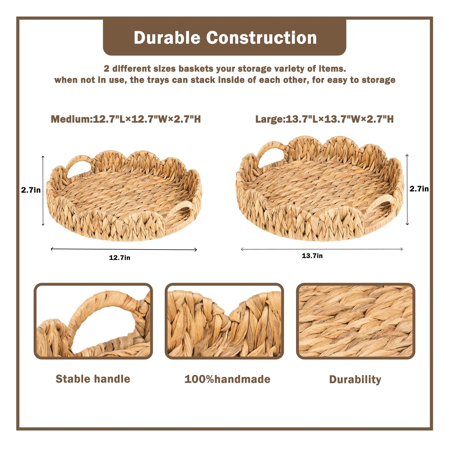 ATEDIR Round Serving Tray, 2-Pack Wicker Basket Tray with Handles, Rattan Woven Decorative Serving Tray, Natural Water Hyacinth Scalloped Tray for Home Decor and Desk Organizer Tray