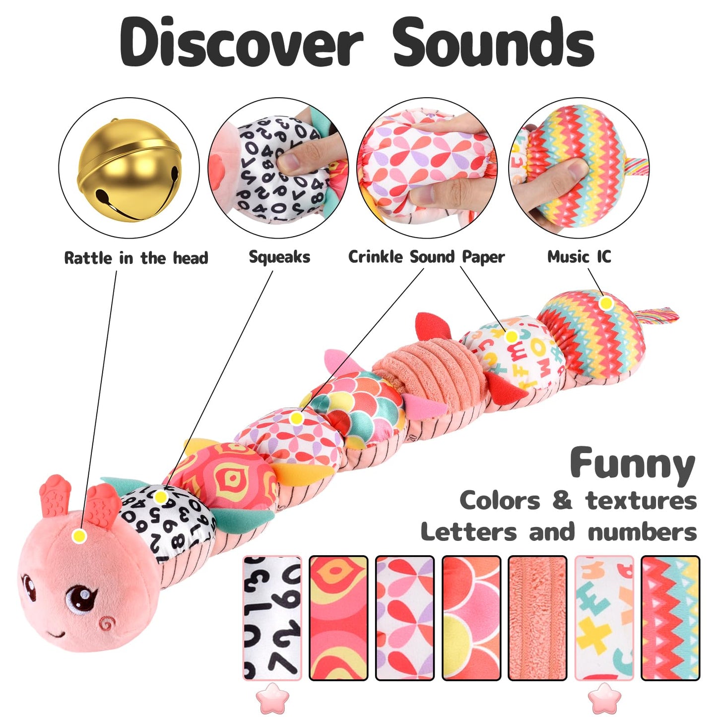 TURKIDS Infant Baby Musical Stuffed Animal Activity Soft Toys with Multi-Sensory Crinkle, Rattle and Textures for 0-3-6-12 Months Developmental Toys, Caterpillar, Pink