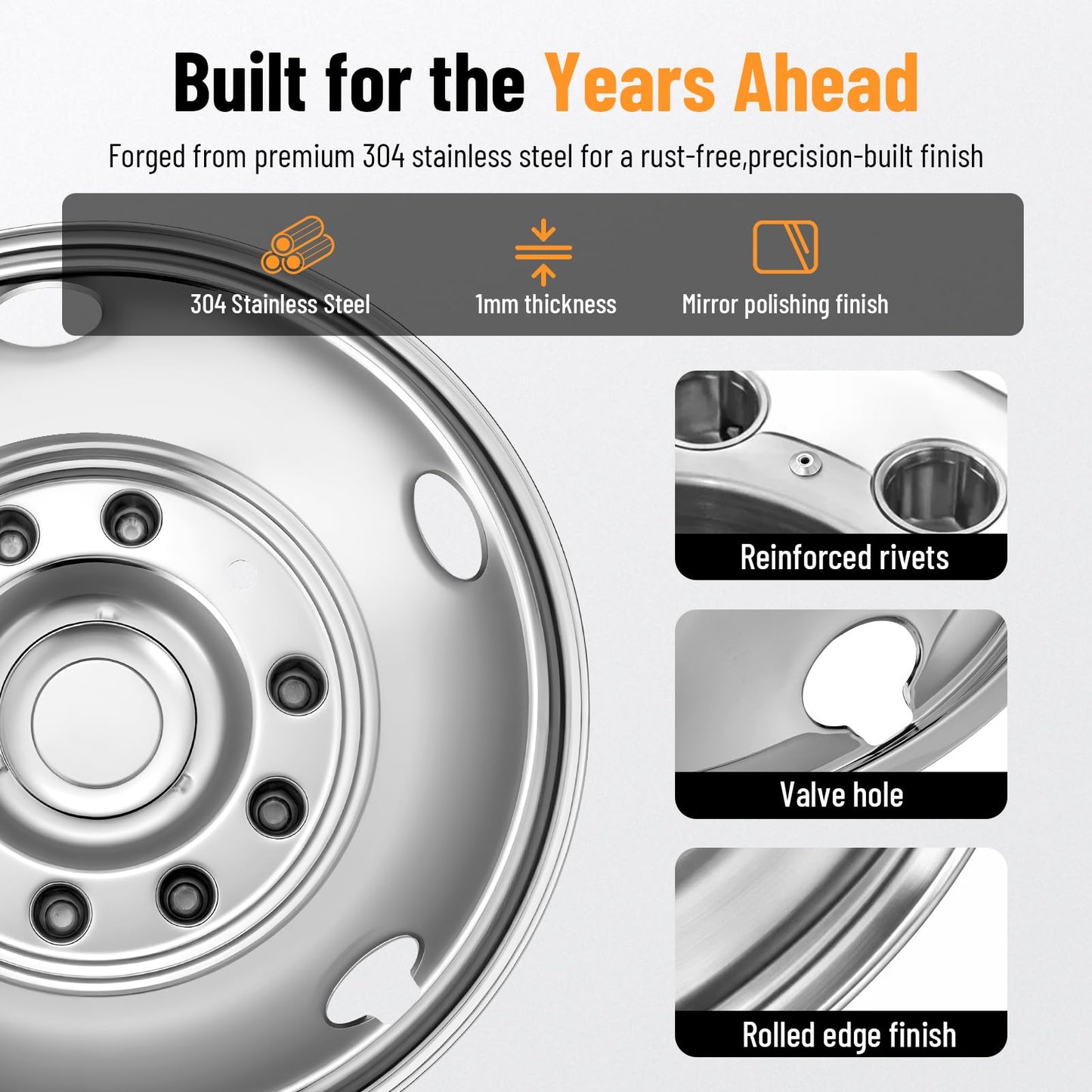 Foritrue 19.5" Hubcaps 10 Lug 304 Stainless Steel, 19.5 Wheel Simulators Polished Surface, 2Pcs Front Wheel and 2Pcs Rear Wheel, Bolts On Wheel Cover Set Compatible with Ford 2005-2025 F450/F550