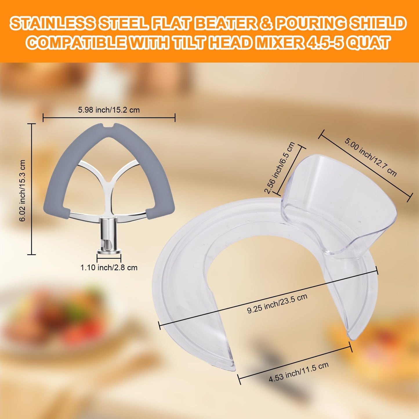 Stainless Steel Flex Edge Beater and Pouring Shield (Only for Stainless Steel Bowl) Compatible with KitchenAid 4.5-5QT Tilt Head, Paddle Attachment with Silicone Edges Mixer Accessories Attachments