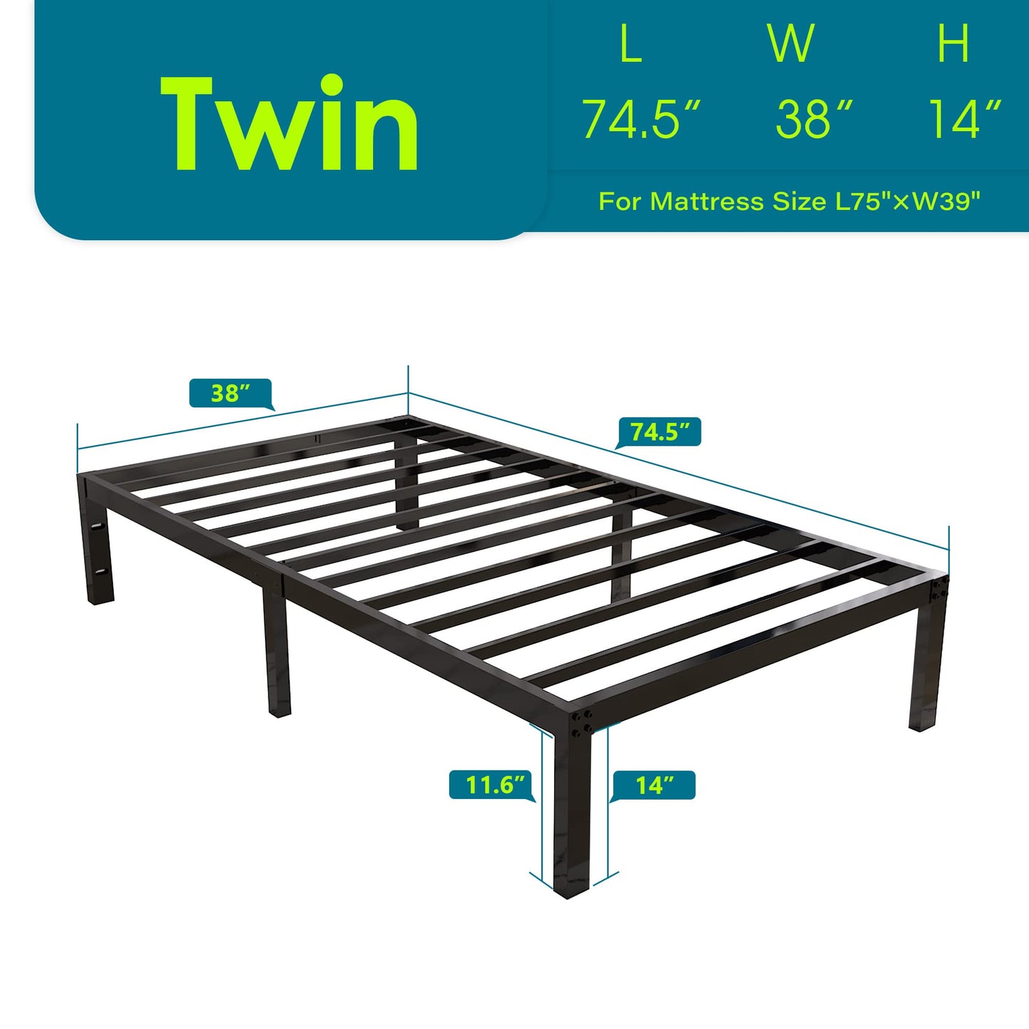 yookare 14 Inch 4000lbs Heavy Duty Support Basic Bed Frame/Mattress Foundation/Box Spring Replacement/Steel Slat Platform/Easy to Assemble/with Storage/Noise Free, Twin