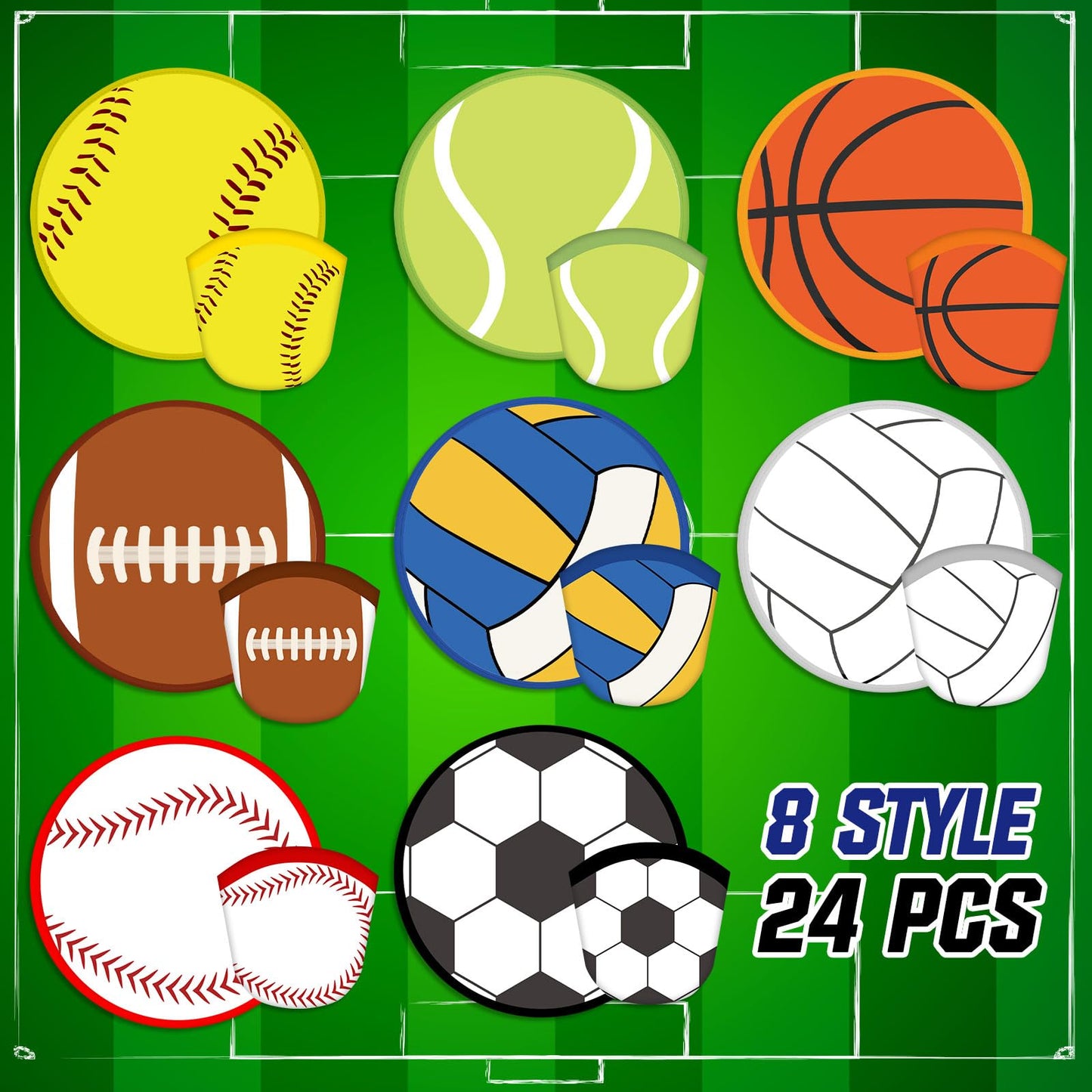 Gejoy 24 Pcs Volleyball Baseball Foldable Fan Rugby Basketball Soccer Handheld Round Folding Flying Disc for Women Man Daily Use Sports Festival Wedding Party Favors Decorations Portable, 8 Style