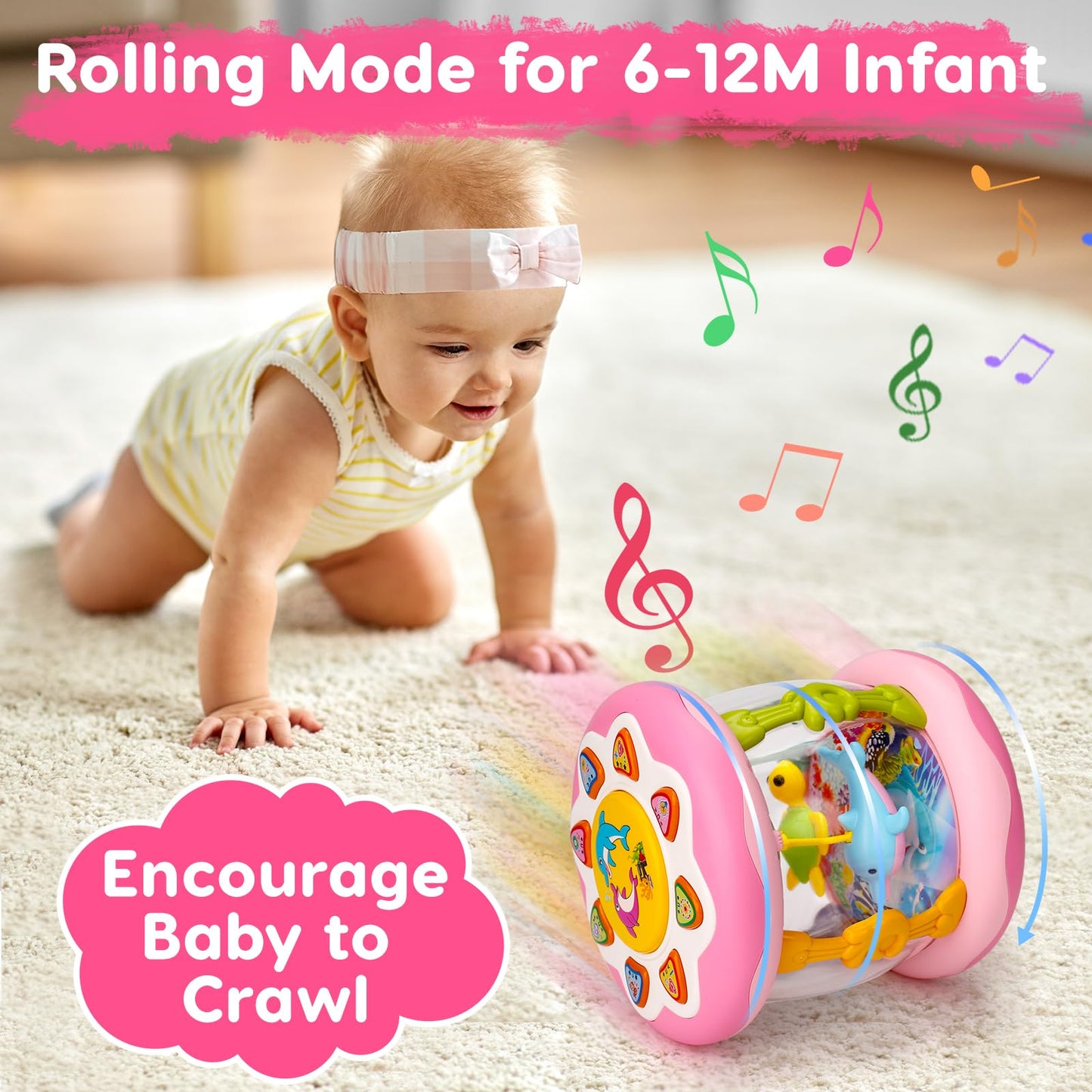 Baby Musical Light Up Toys Tummy Time Ocean Projector Rotating Infant 1 Year Old Toy Baby Aquarium Crawling Pink Toys Babies Girls 1 2 Year Old Birthday Newborn Gifts