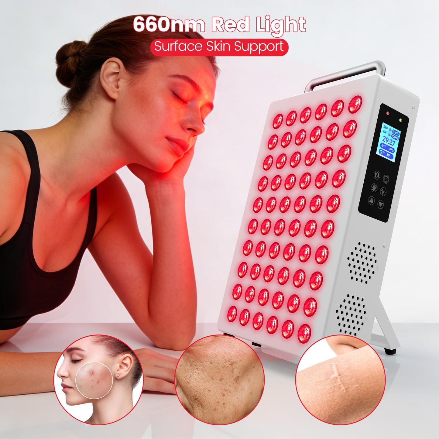 Red Light Therapy Panel with 660nm & 850nm Near-Infrared Light – 300W High-Power Red Light Panel for Face & Body, Supports Skin Care, Pain Relief, and Skin Health (White)