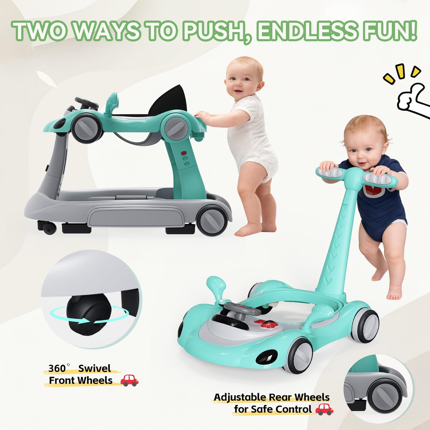 HAWEEK Baby Walker with Wheels, 7-in-1 Foldable Baby Walkers for Boys Girls 6-12 Months with Feeding Tray & Music, Lights,Rocker,Sun Canopy, Bouncing Pedal, Adjustable Wheel Speed, Push Walker(Green)