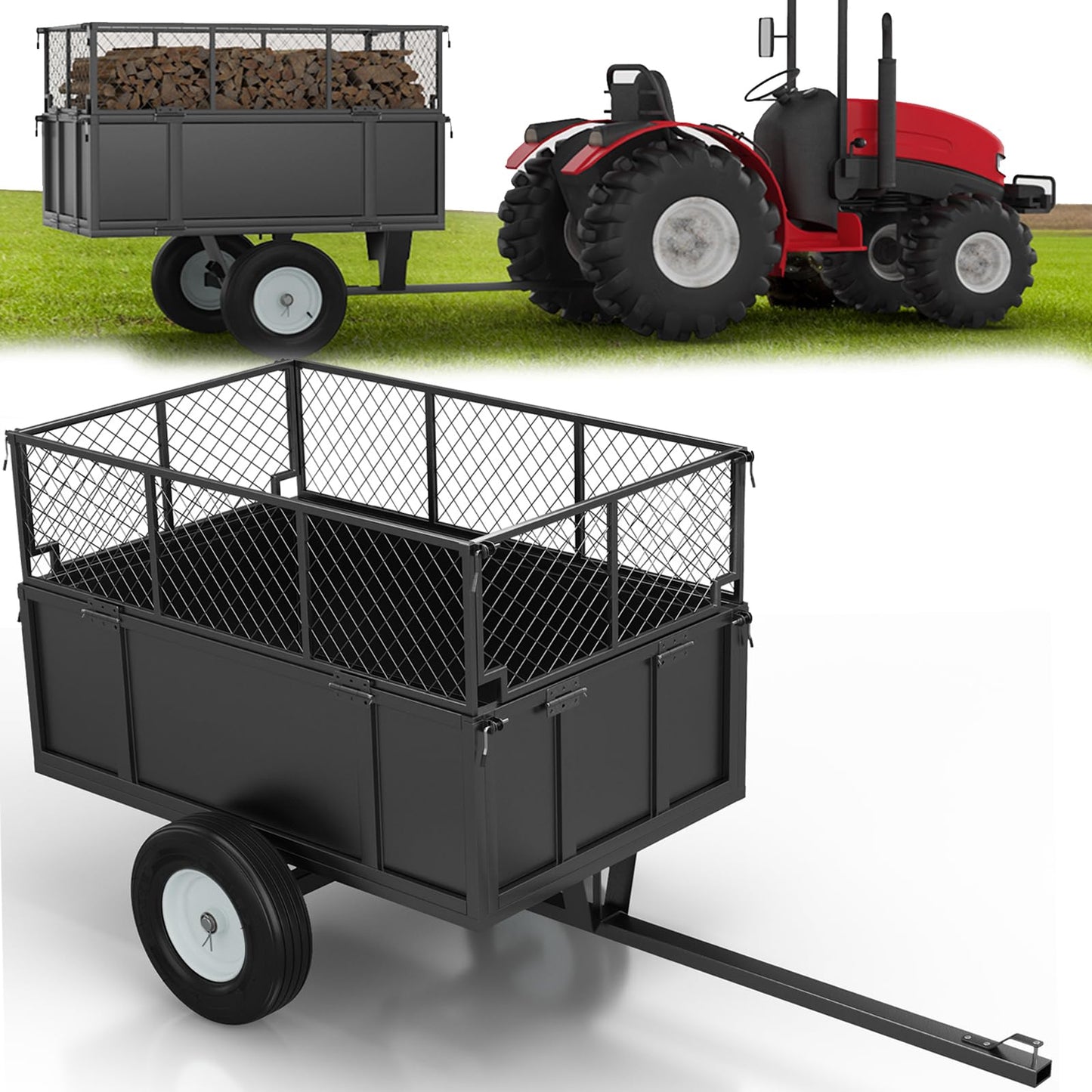 Heavy Duty 750 LBS Utility Trailer – 17 Cu Ft ATV Dump Trailer with Removable Sides, Pneumatic Tires & Quick-Dump Pull-Behind Yard Cart for Tractors, UTV, Lawn Mowers