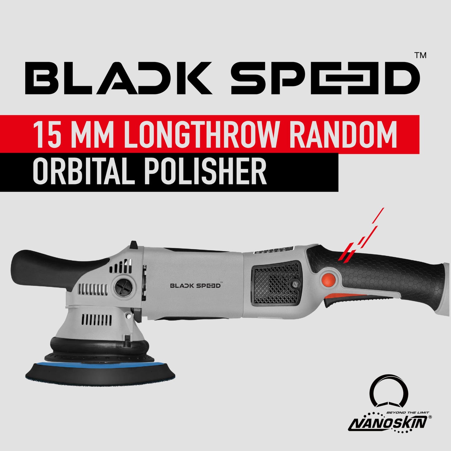 Nanoskin Black Speed 15mm Long-Throw Random Orbital Polisher - 750W, 7.5-Amp Motor, BOSCH™ Bearing Construction, Vented Flexible Backing Plate | For Automotive Paint, Glass, Metal Surfaces Detailing