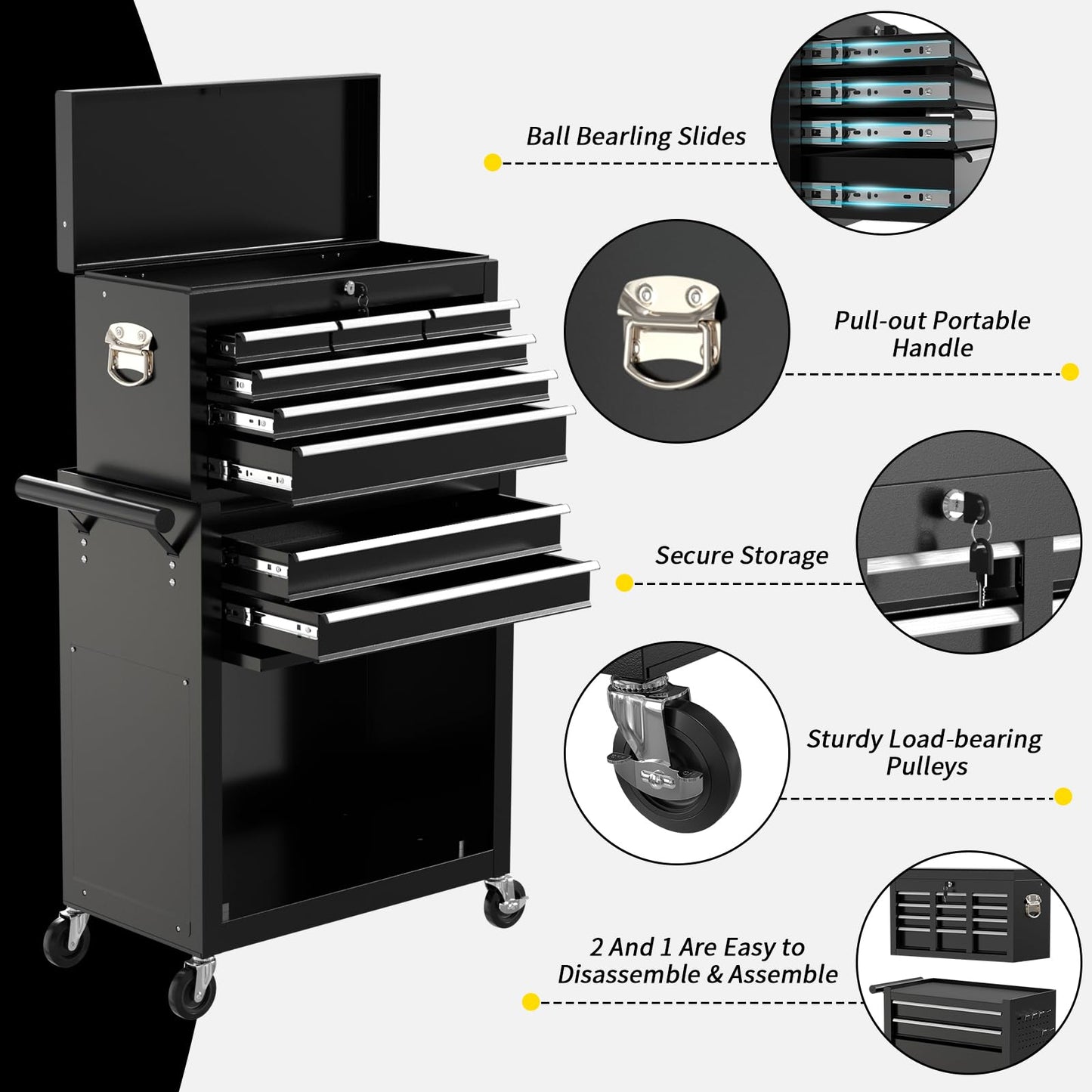 On Shine 8 Drawer Rolling Tool Chest, Large Capacity Rolling Tool Box with Wheels, Locking Mechanical Tool Chest, Portable Tool Box with Sliding Drawers for Garage Workshop and Tool Room (Black)
