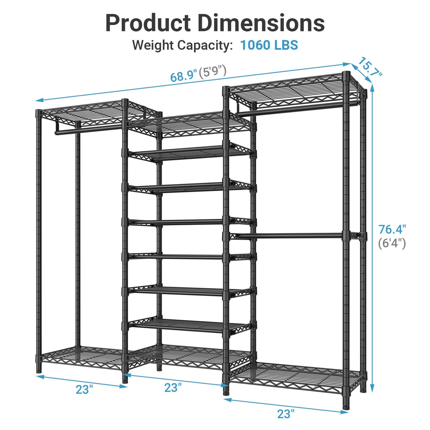 VIPEK S3 Heavy Duty Garment Rack Freestanding Clothes Rack Closet Storage Organizer Large Wardrobe with 6-Tier Shoe Rack, Hanging Rod, Adjustable Shelf, 68.9" L x 15.7" W x 76.4" H, Black