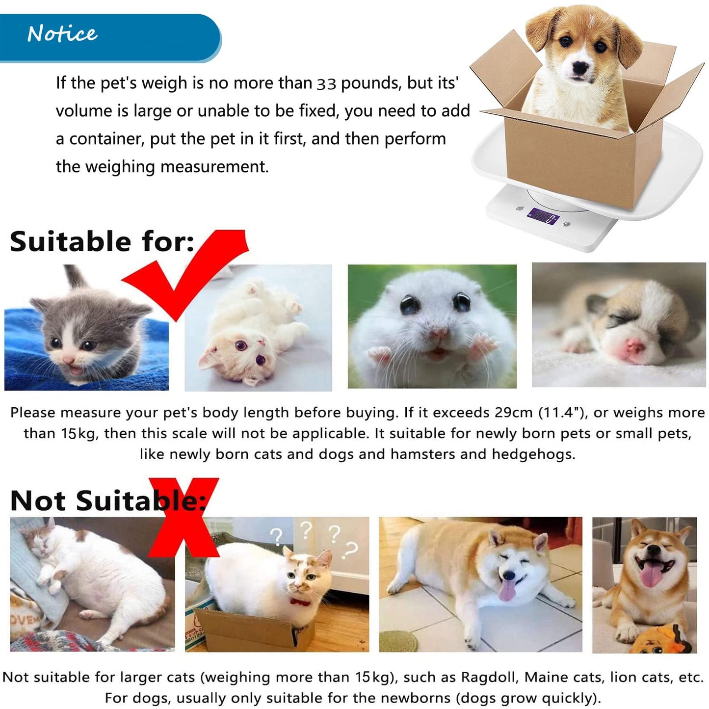 LFGKeng Newborn Kitten & Puppy Weight Scale, Multifunctional Digital Pet Scale, LCD Electronic Small Animal Food Scale, Weighing Max 33lbs, Tray Size 12" x 8", Not for Adult Cats/Dogs (White)