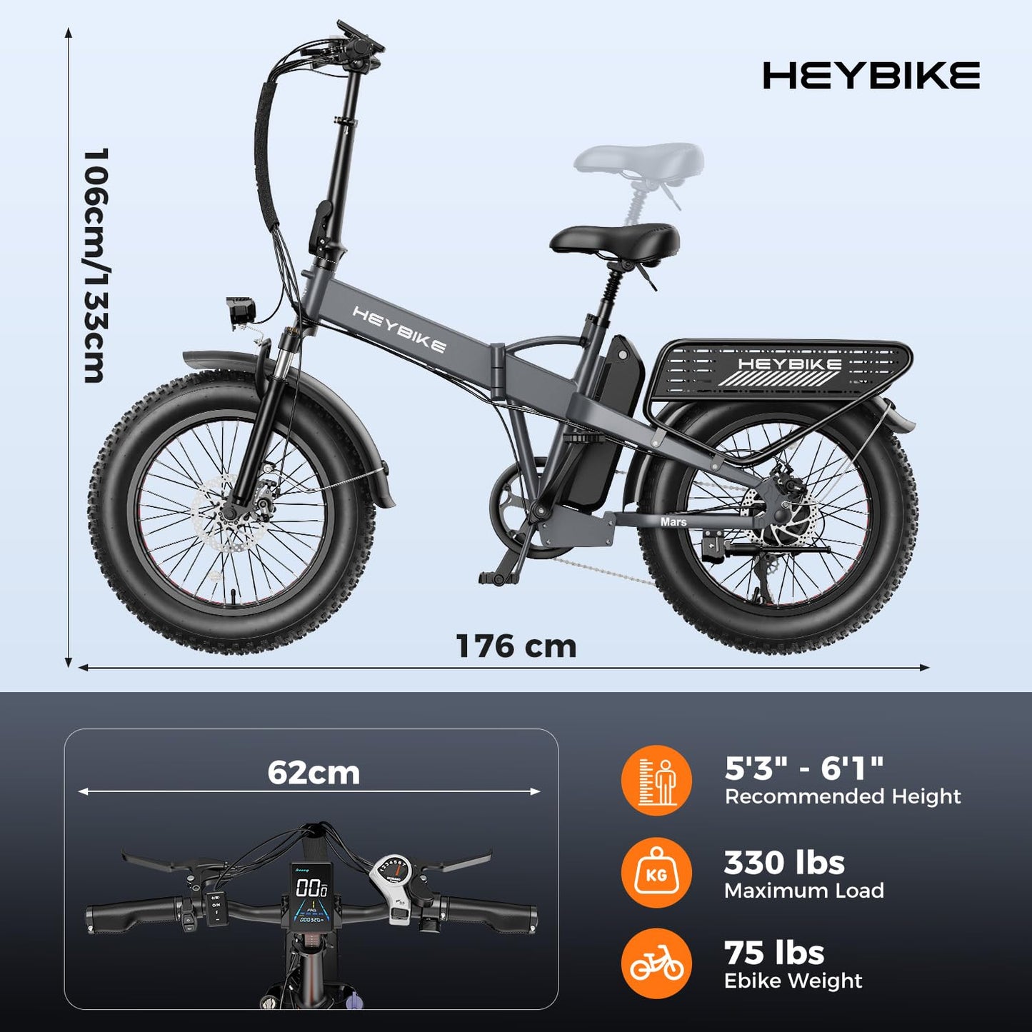 Heybike Mars 2.0 Foldable Electric Bike 32MPH, UL2849 Certified, 1800W Peak Motor Ebike with 100N.M Torque, 70+Miles Long Range with 624WH Removable Battery, 20*4'' Fat Tire for Snow, Full Suspension